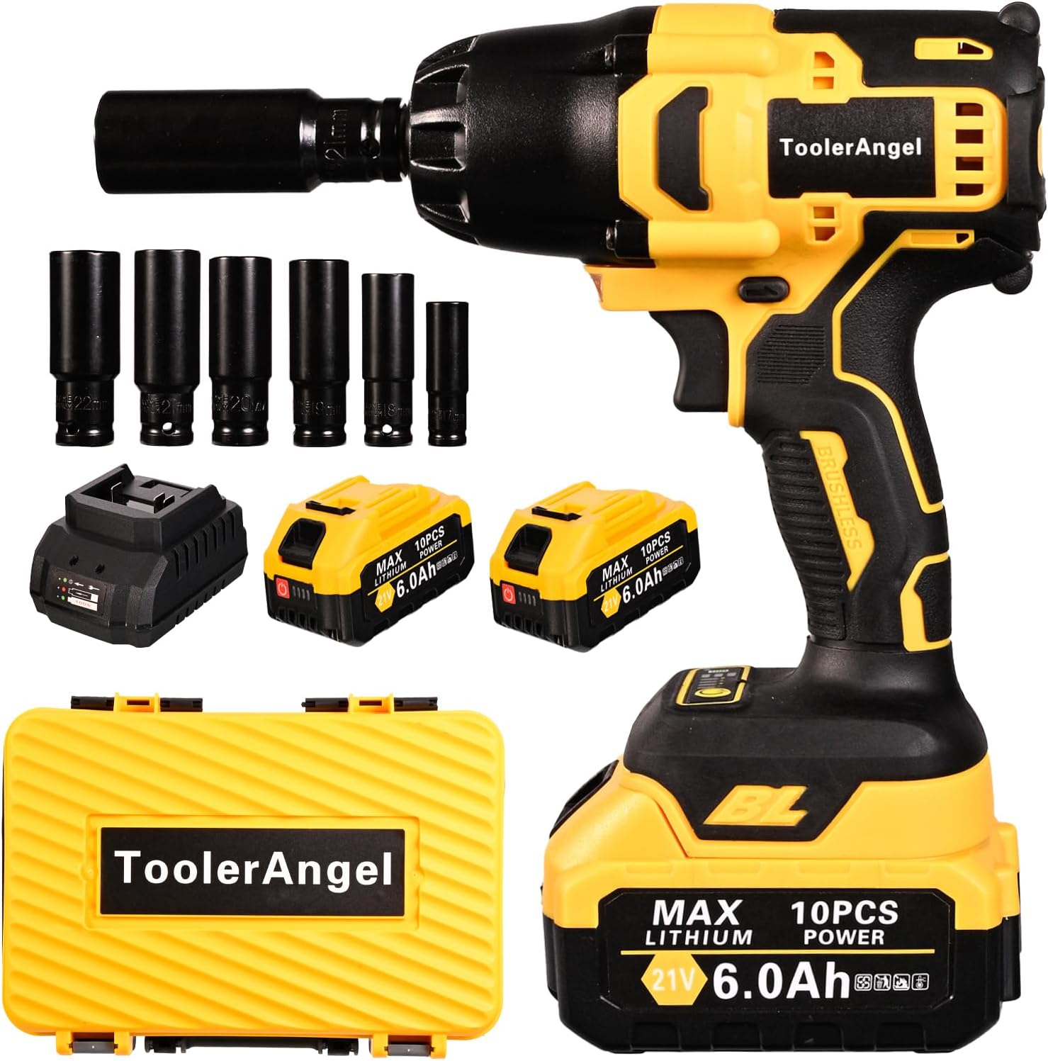 1/2 inch Impact Wrench Cordless, (1000 N.m) 737 Ft-lbs Hight Torque Wrench,20V Power Impact Driver, Brushless Motor 3300 RPM, 2x 6.0AH Li-ion Battery,Charger,6 Sockets