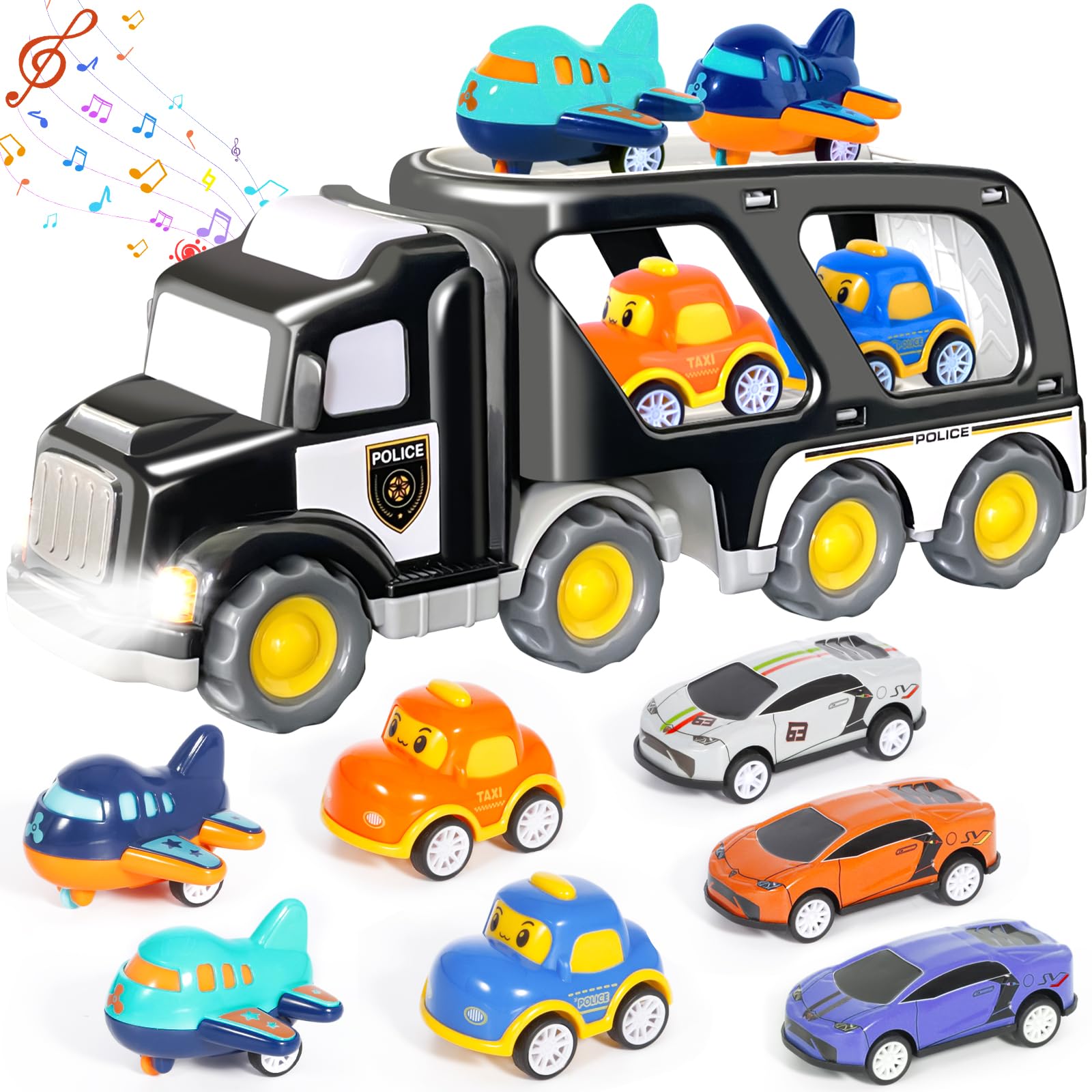 MOONTOY Car Transporter Toys for, 55 Inch Foldable Eject Racetrack and 6 Racing Car Toys, Transport Car Toy with Lights & Sounds, Gifts for 3 4 5 6