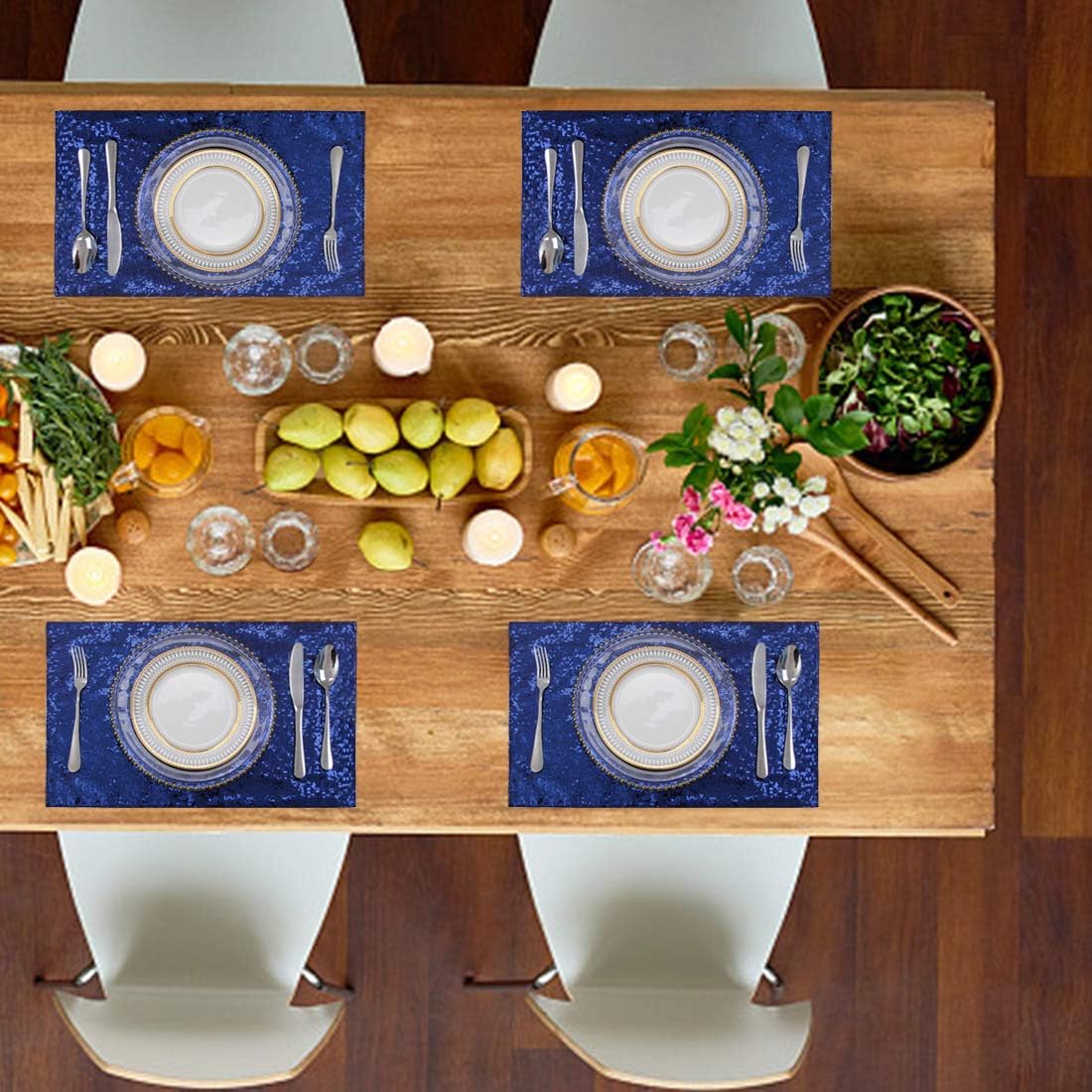 Sequin Placemats Set of 6, Heat-Resistant Dining Table Mats, Stain-Resistant Kitchen Table Placemats, Elegant Sparkle Placemat for Party Wedding Accent Centerpiece Decoration(Navy Blue, 18" x 12")