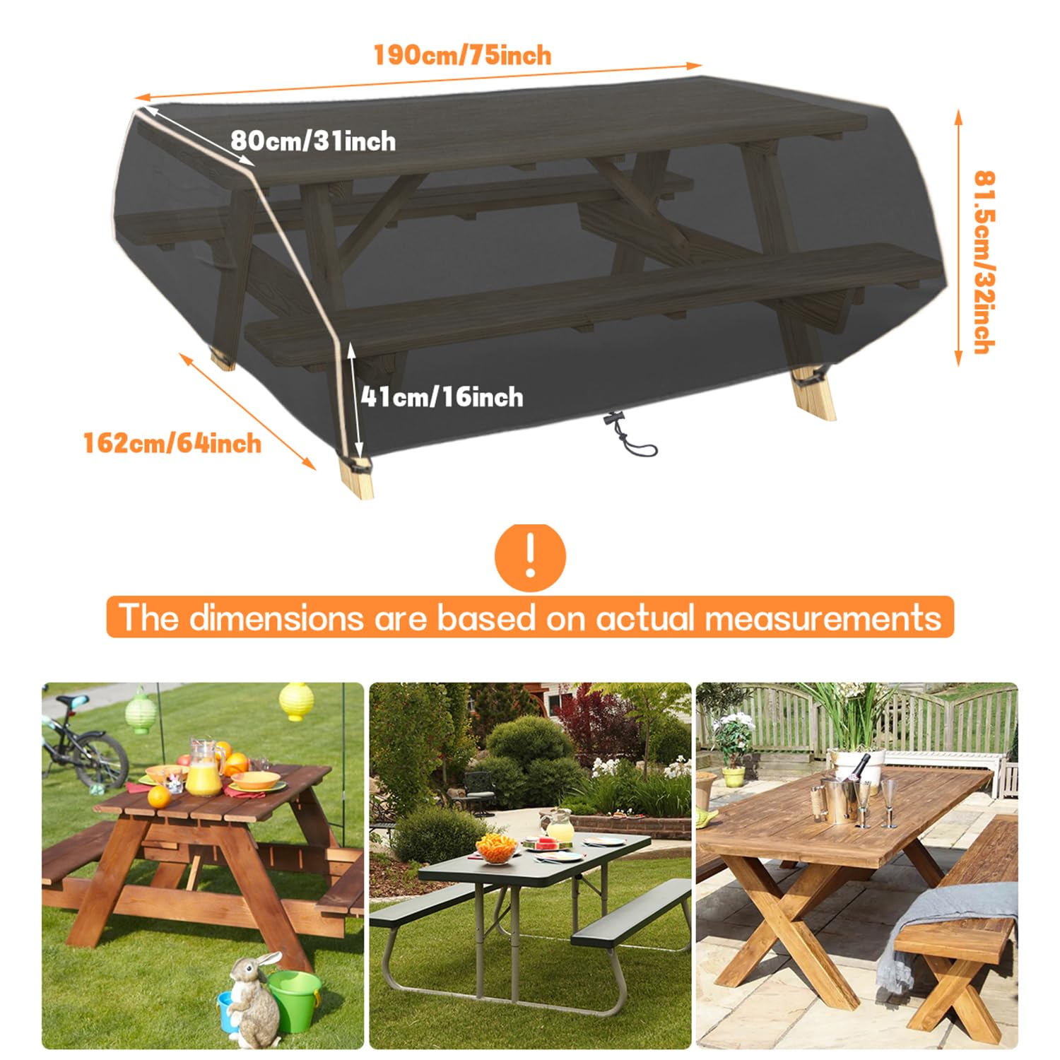 SINBLUE Picnic Table Cover 420D Heavy-Duty Oxford Fabric Anti-UV and Waterproof Outdoor Table Covers for Bench Patio Chair 190W x 160D x 80Hcm - Image 2