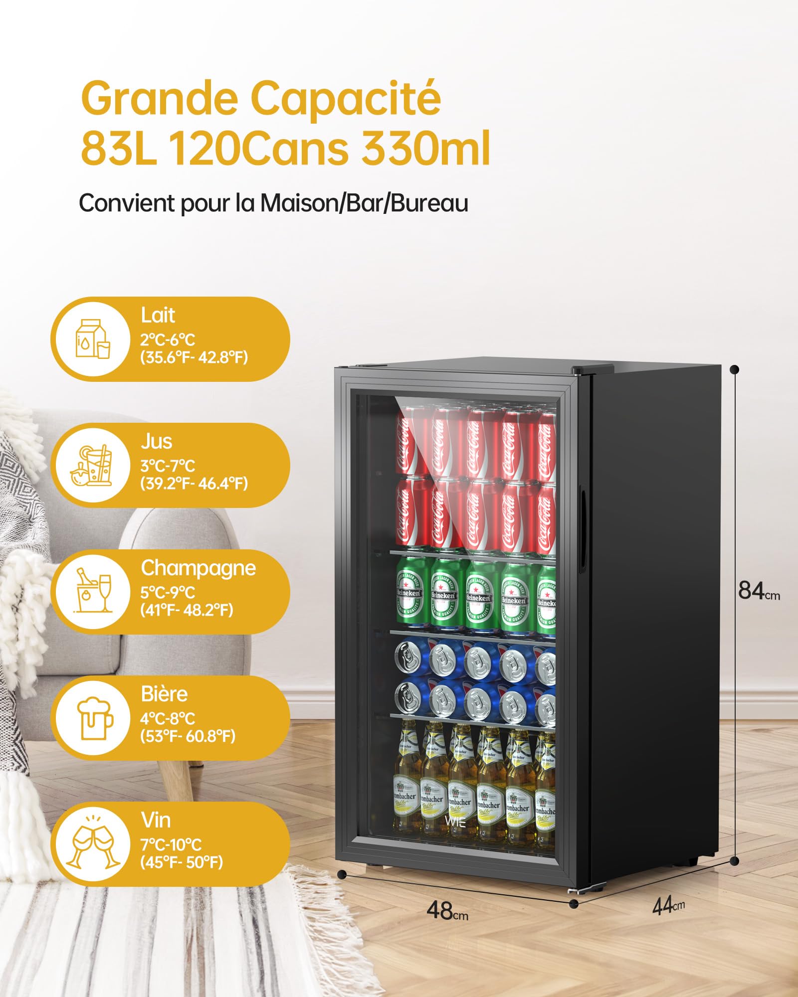 WIE Réfrigérateur Pour Boissons, Mini Frigo 83L Petit Frigo Silencieux de 0-10°C, Mini Bar Intérieur, Pour Salle de Jeux, Fête, Noir