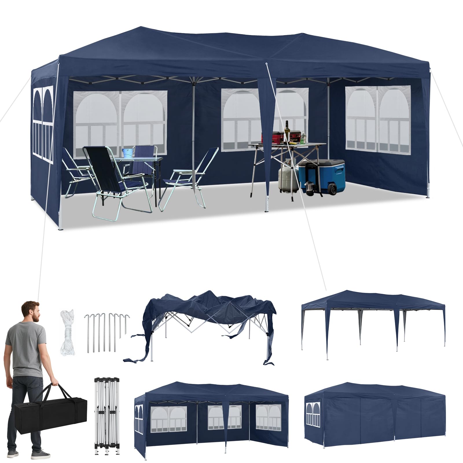 CLIPOP Pop Up Gazebo with Sides 3 x 6m, Water Resistant Anti-UV Pergola with Roof Garden Gazebo Marquee with Heavy Duty Steel Frame and Carrying Bag for Outdoor Wedding Party, Blue