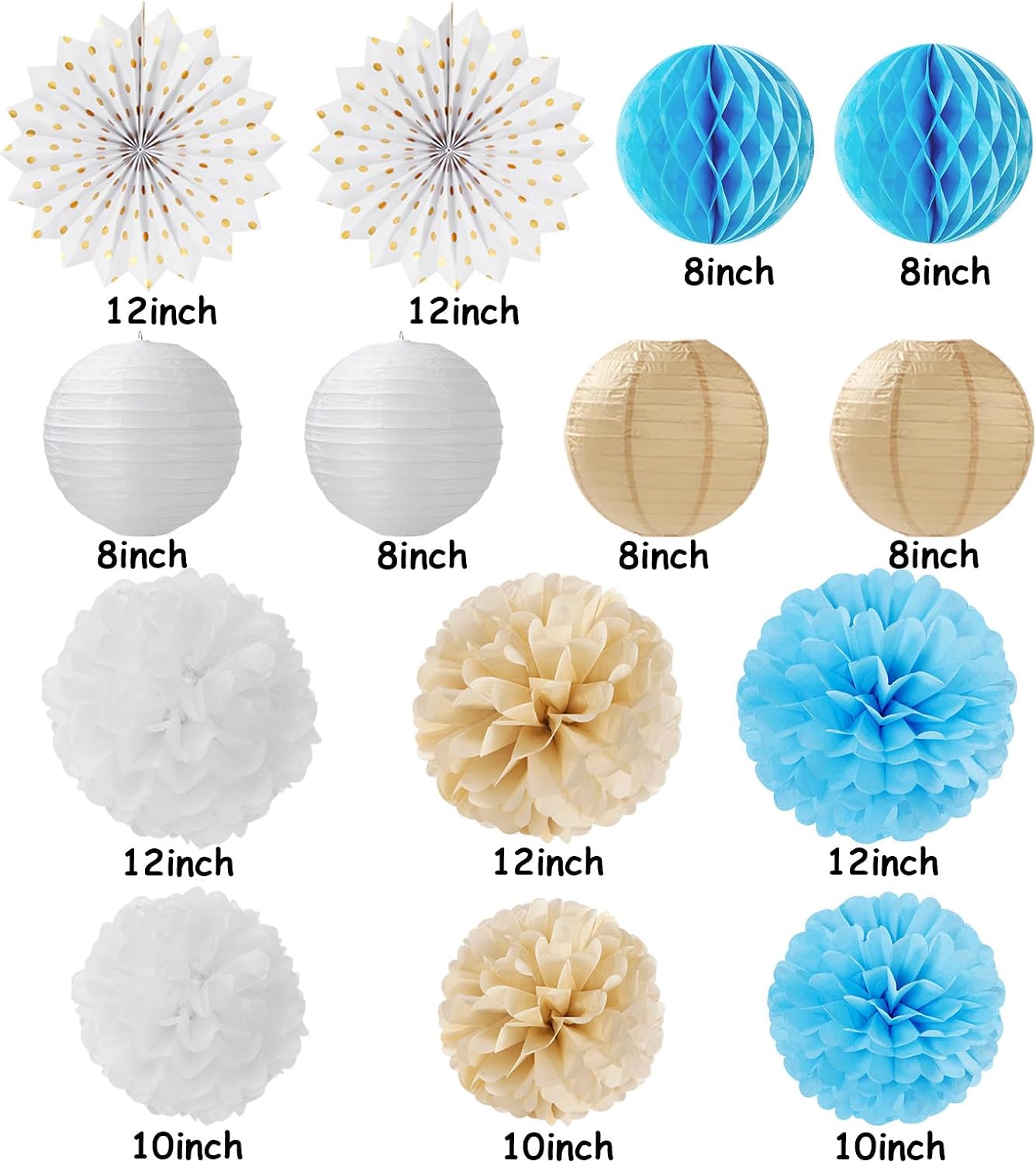 Light-Blue Boho Champagne-Gold Party-Decorations Streamers - 14pcs Boy Birthday Baby Shower Paper Honeycomb Lanterns Fan,Tissue Pom Poms,Bachelorette Bridal Wedding Dusty White Decor Lasting Surprise