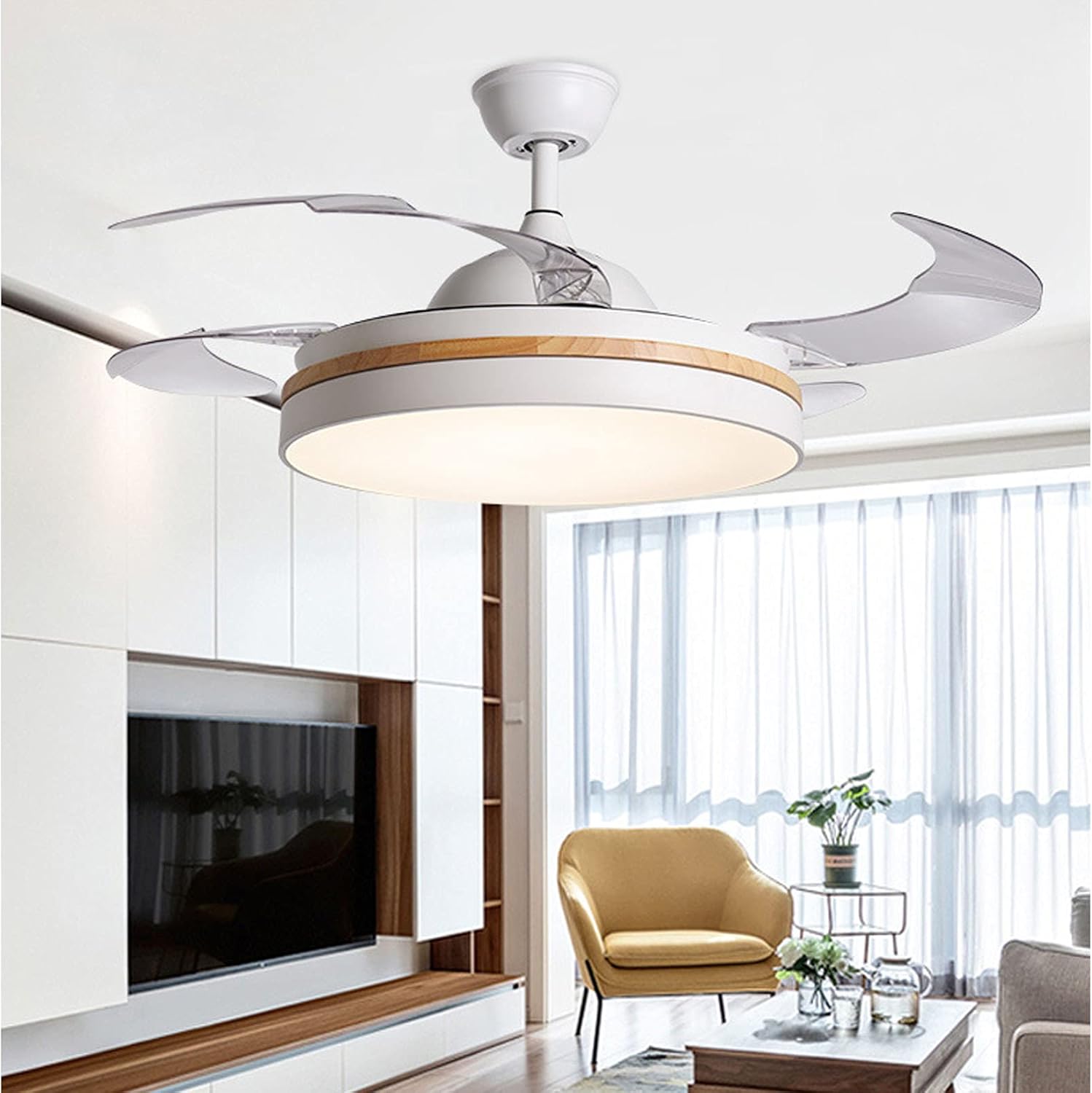 YUEGOO Ceiling Fans with Lamps,Led Ceiling Fan Lamp with Remote Control, Circular Retractable and Reversible Ventilator Light Modern Dimmable Timing Chandelier