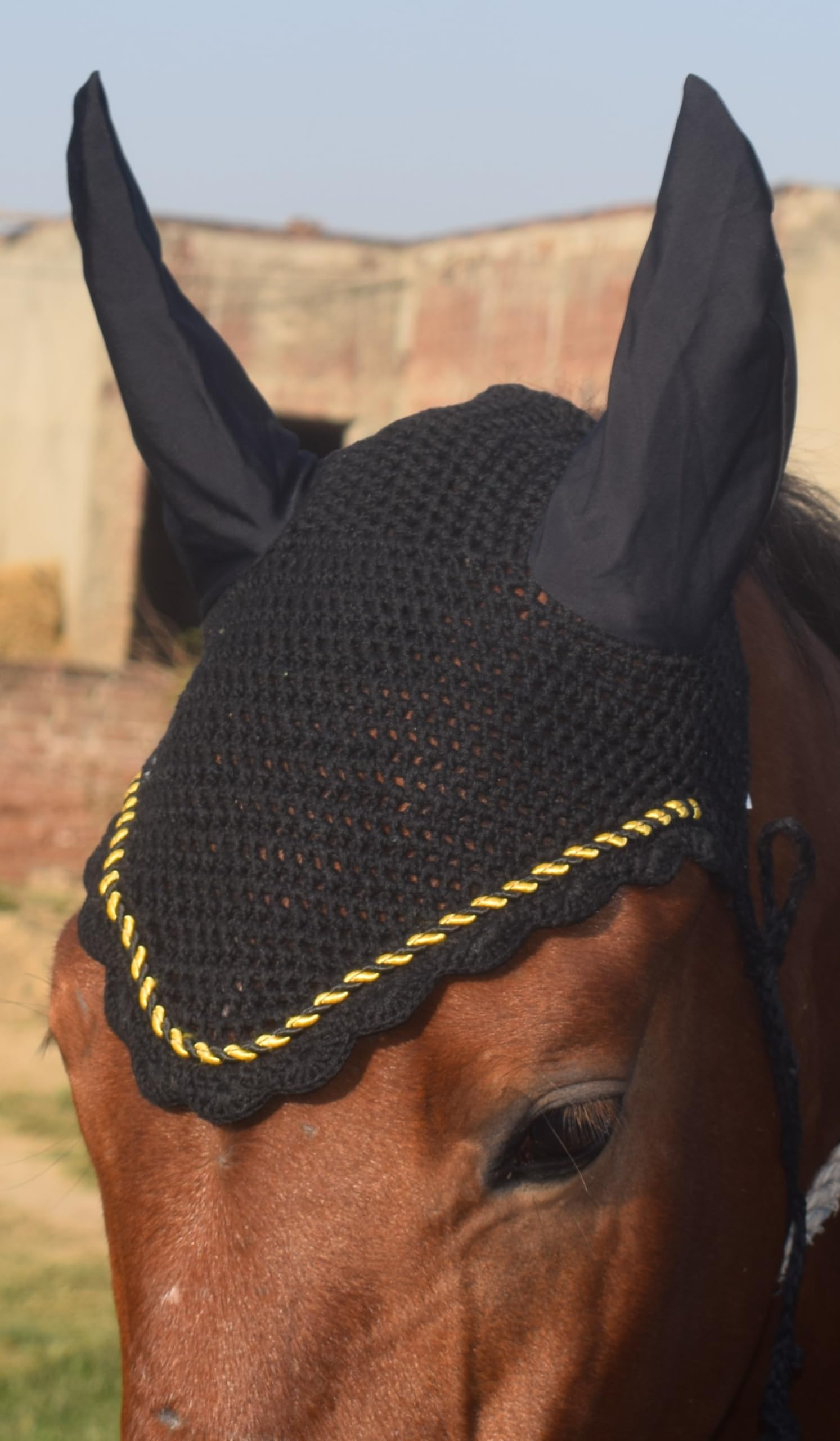 Zainee Sports Crochet Fly Hood with Comfortable Lycra Ears Horse Ear Bonnet Net Hat Fly Veil Hand Made (COB, ROYAL BLUE) — view 5