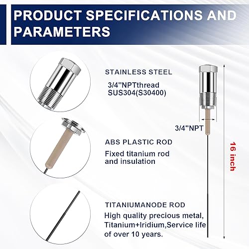 Miniatura 10 de VATTCEEL Varilla de ánodo accionada para tanque de calentador de agua caliente de 4-80 galones con cinta de teflón, varilla de ánodo eléctrico de