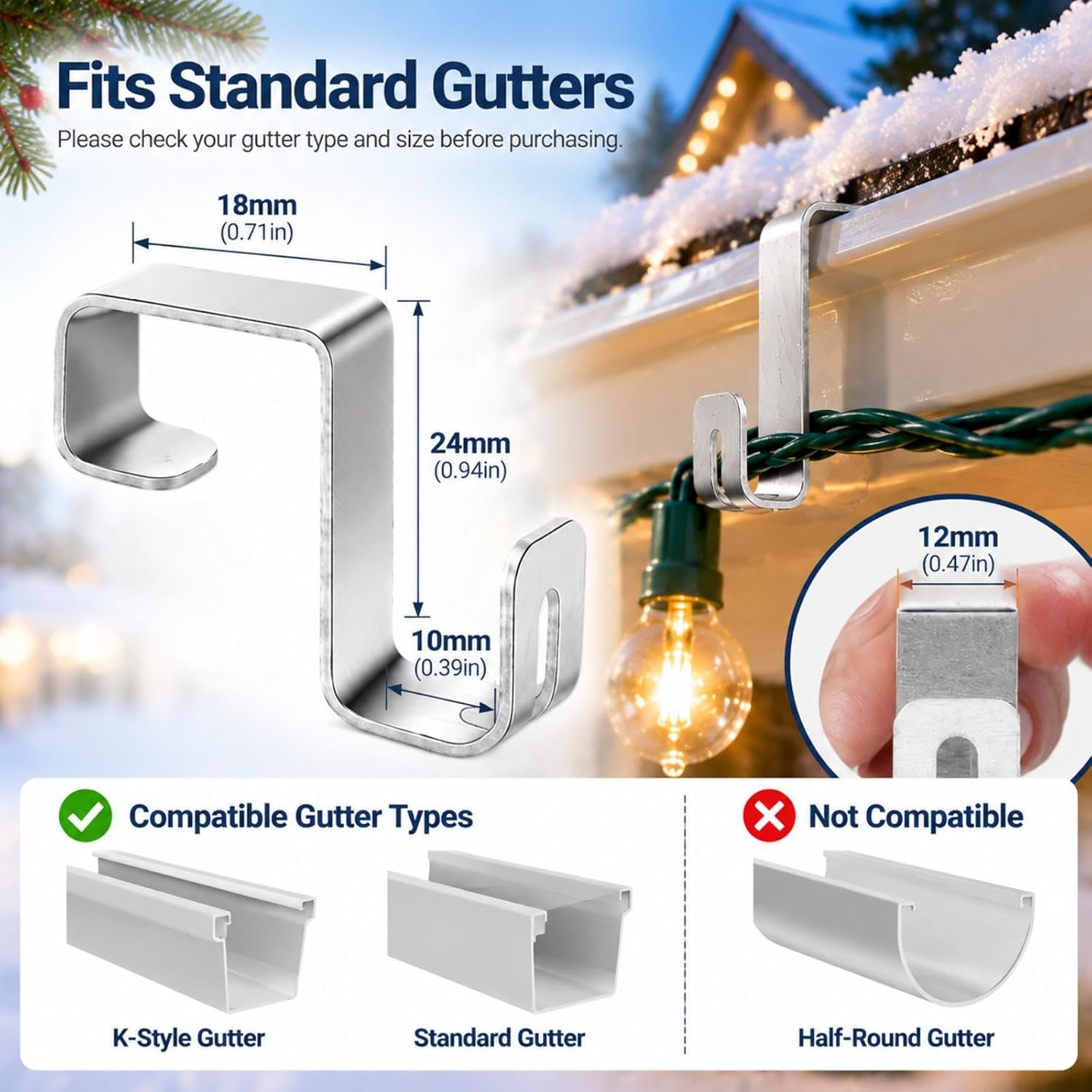 100 Pcs Gutter Light Clips for Outdoor, Christmas Light Hooks, Silver