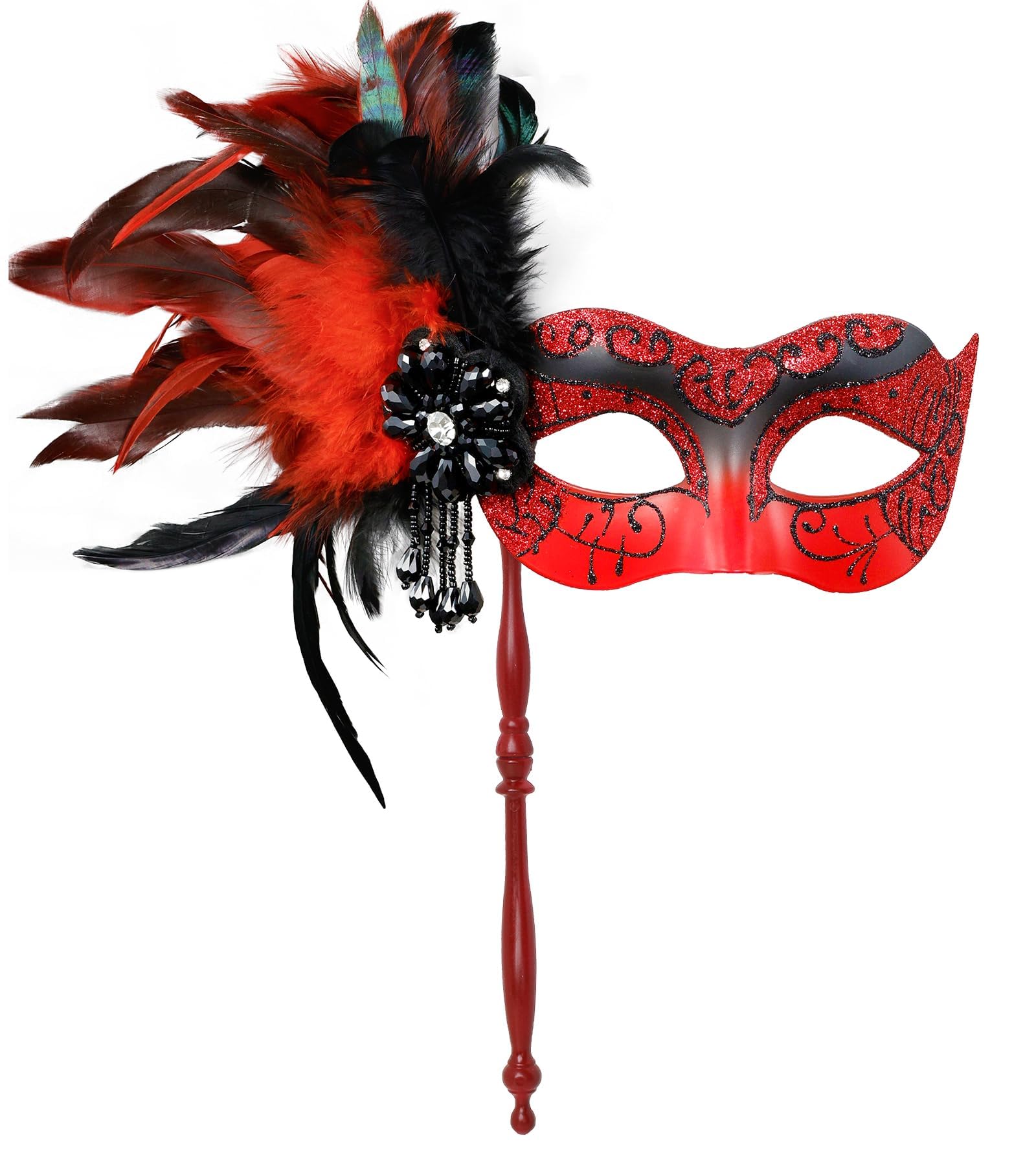 MYSEUNI 2025 New Masquerade Mask for Women with Stick - Shiny Women's Feather Mardi Gras Venetian Mask for Costume Accessory