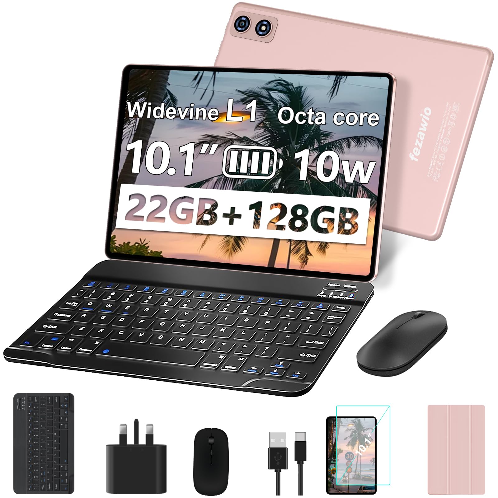 fezawio 2025 Newest 10 inch Android 14 Tablet|22GB RAM+128GB ROM|1TB Expandable|8000mAh|5G Wi-Fi|Widevine L1|Octa-Core|Keyboard-Mouse-Holster|Premium Entertainment & Light Office - Gold