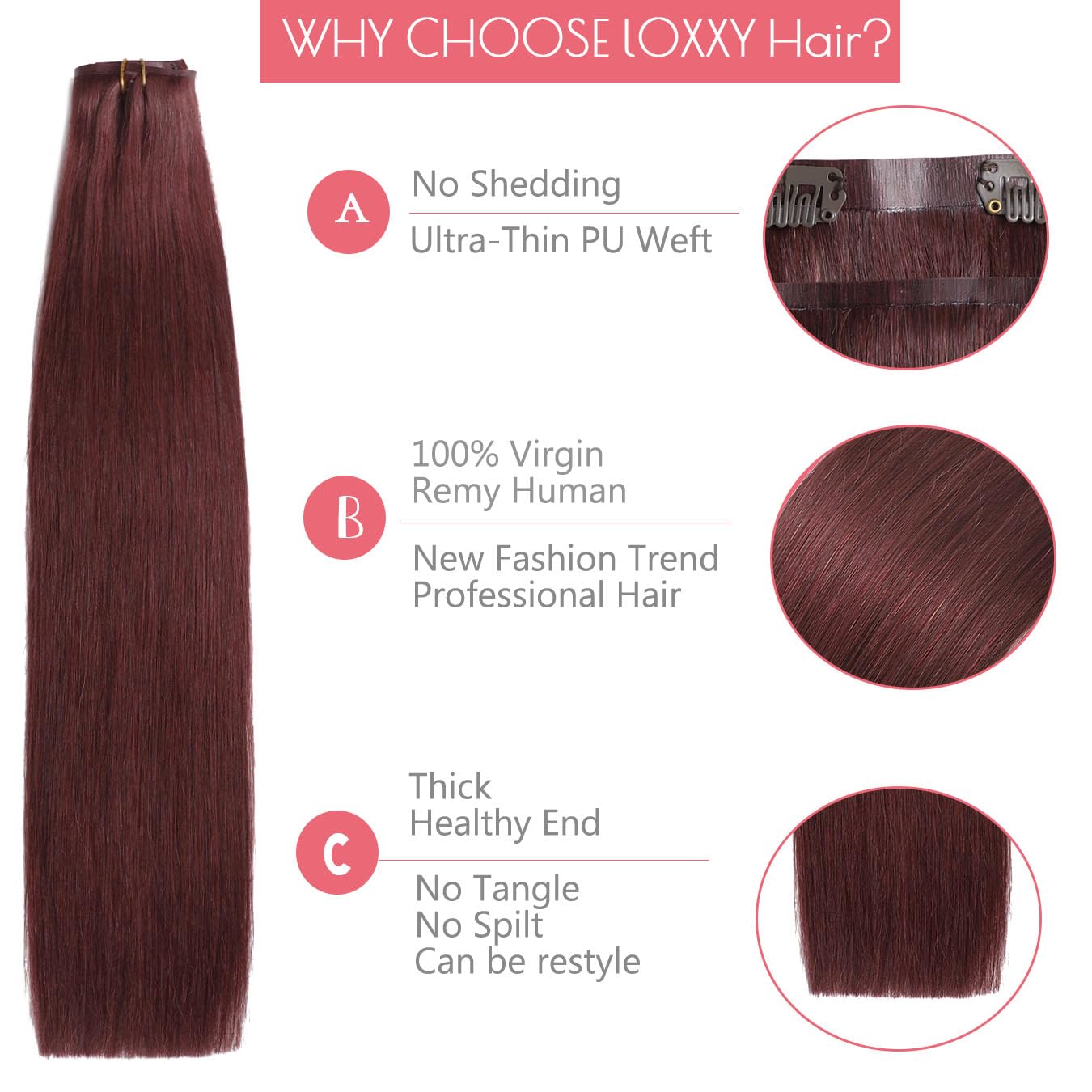 Loxxy Burgundy Clip in Hair Extensions Black Women - Dark Red Seamless Clip in Hair Extensions Human Hair - 20 Inch 8 Pcs 110g, Invisible PU Weft for Thin Hair