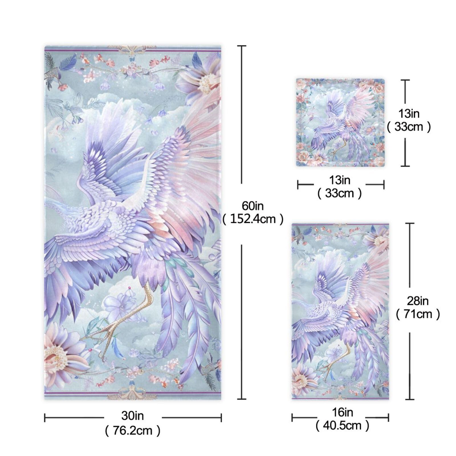 Set di 3 asciugamani morbidi in stile bohémien con fiori e gru viola, 1 asciugamano da bagno, 1 asciugamano per le mani, 1 panno per la casa, cucina e famiglia