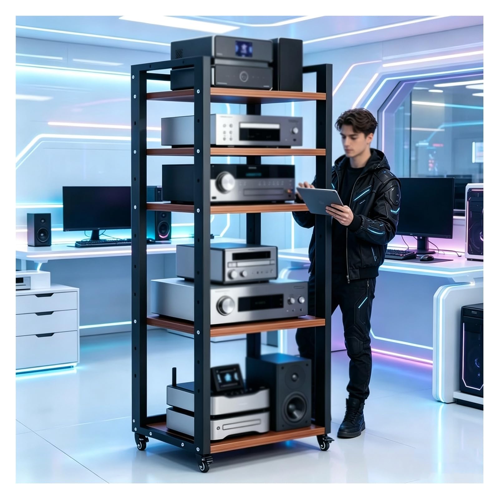 Stojak Na Wzmacniacz HiFi Rack Audio, 5-poziomowy Dla Audiofilów | Półki Z Litego Drewna Z Metalową Ramą, Kółka Na Kółkach, Organizują Sprzęt Audio W Kinie Domowym I Salonie