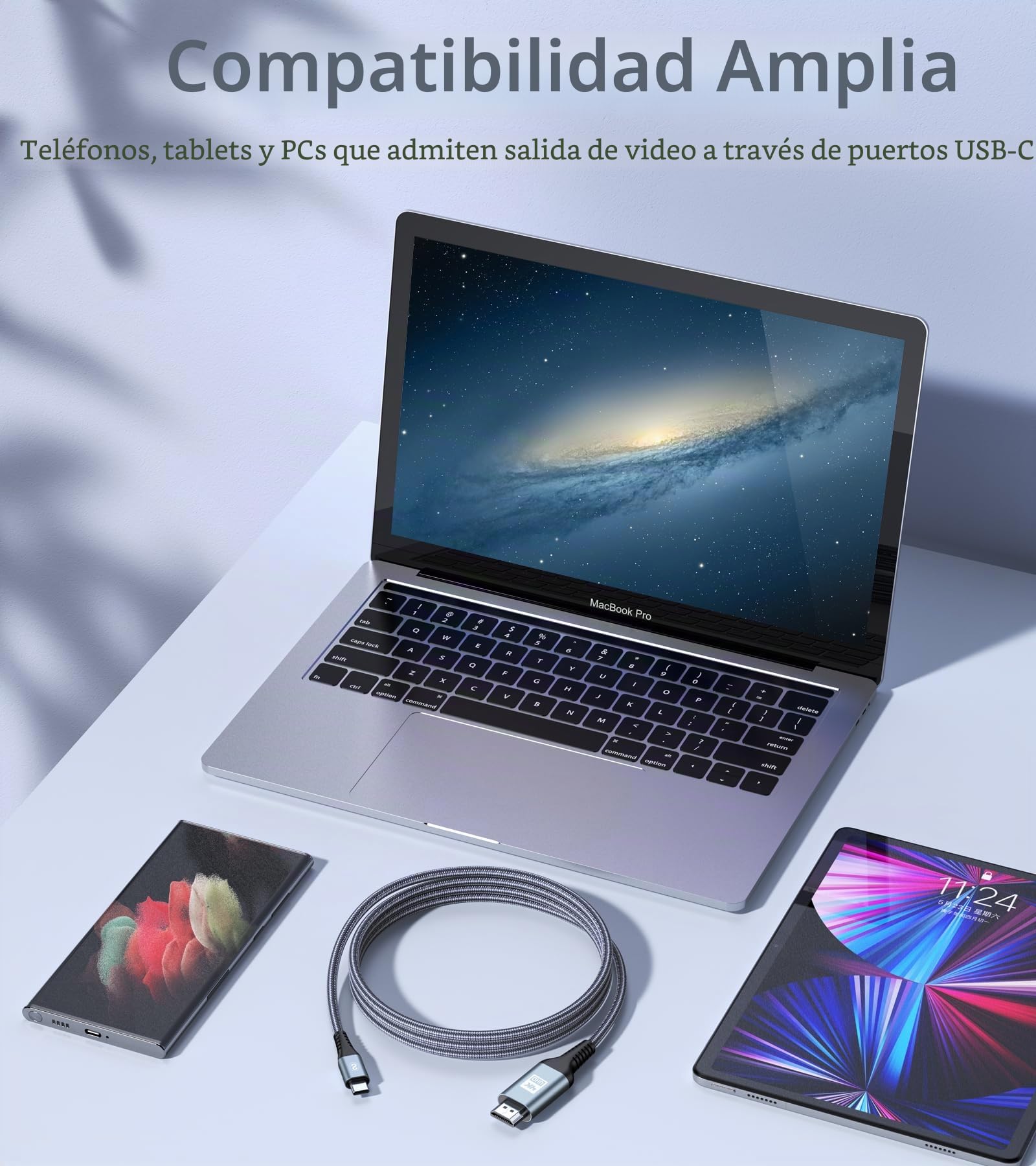 Cable USB C a HDMI 4K 6M,USB Tipo C a HDMI Nylon Thunderbolt 5/4 Adaptador Compatible para i Phone 17 16 15 Pro Max,MacBook Pro/Air,iPad Pro,iMac,Samsung S26 S25 S24 S23 S22 S21 S20 etc.