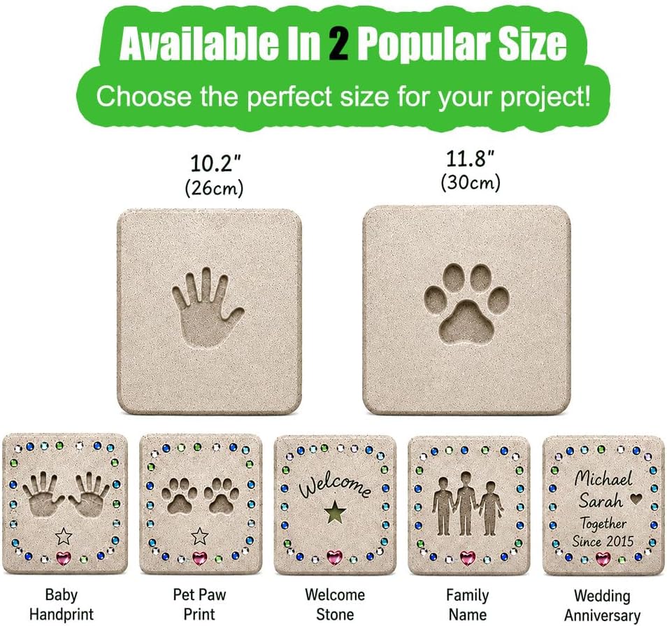 Handprint Stepping Stone DIY Kit - Reusable 10.Inch Square Concrete Molds+ Steel Carving Sticks+ Mosaics & Crystal Heart for Hand/Foot Print, Footprint Craft Witness of Special Time/None Cement
