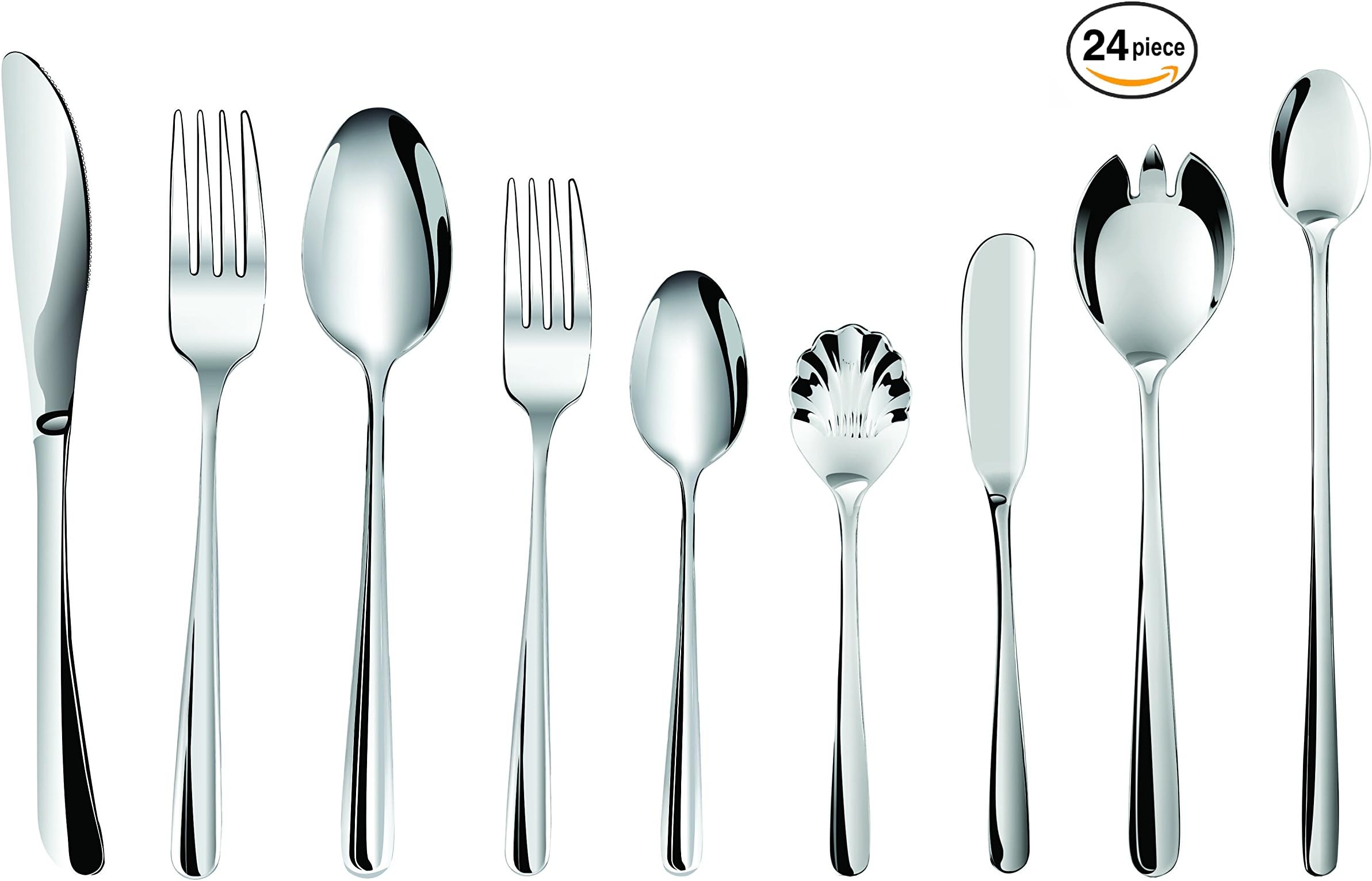 Cutlery Set 24 piece Stainless Steel Tableware with FREE 4 Serving Set Items included - Type 304 Silverware - Hornbit Signature Collection (24-piece European Size)