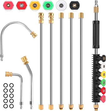 Gutter Cleaning Tools From the Ground, 9 Pack 8 FT Pressure Washer Extension Wand, Power Washer Lance With 6 Pressure Washer Spray Nozzle Tips, 30, 90, 120 Gutter Cleaner Curved Rod, 4000 PSI