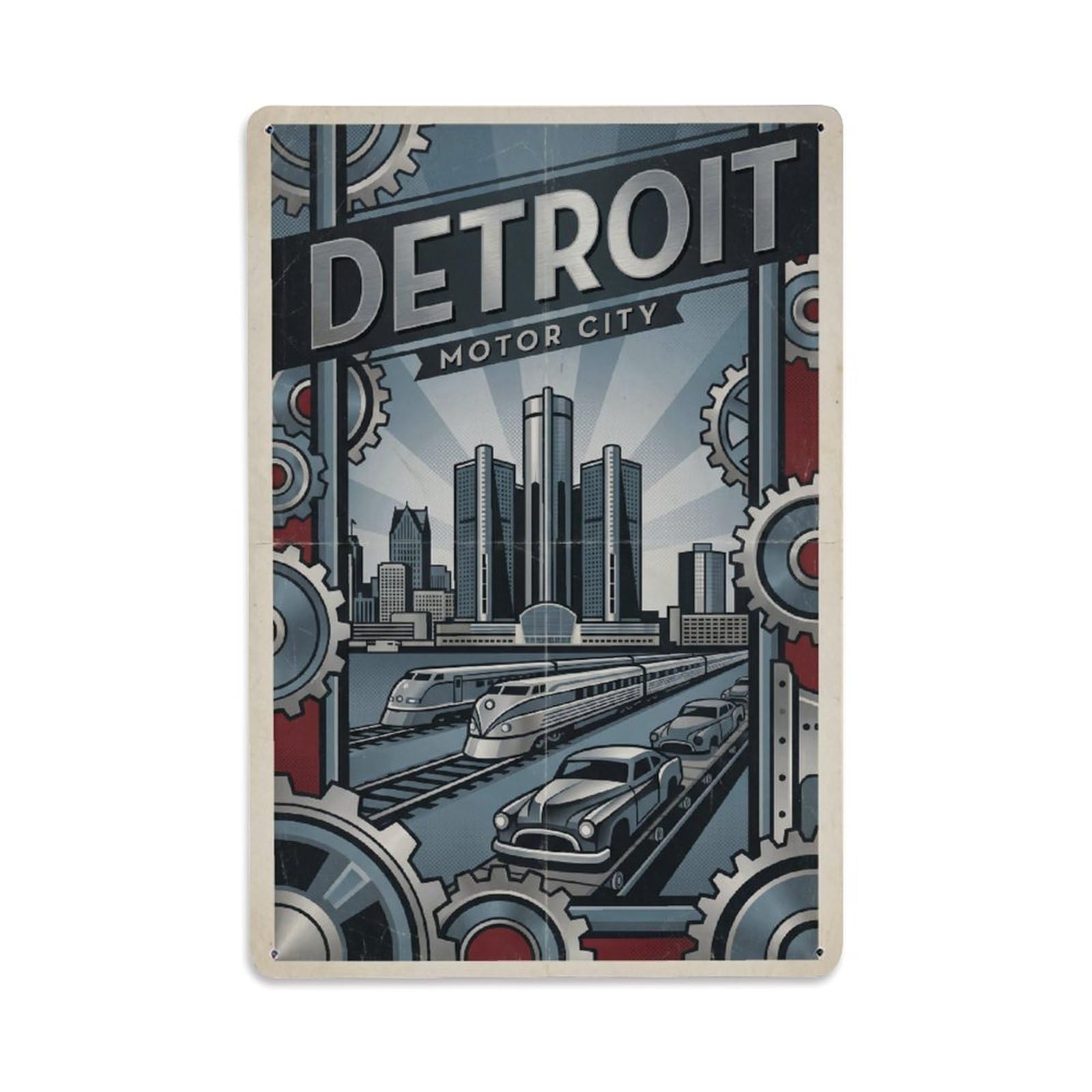 Huiyhb 8X12inch(20X30cm) Retro Travel America Detroit Metal Tin Sign
