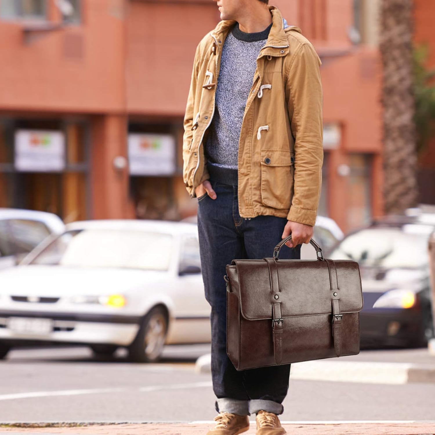 Leather Mens Messenger Bag Vintage 15.6 Inch Waterproof Leather Laptop Briefcase Large Satchel Shoulder Bag Retro Office College Computer Laptop Bag, Coffee : Electronics