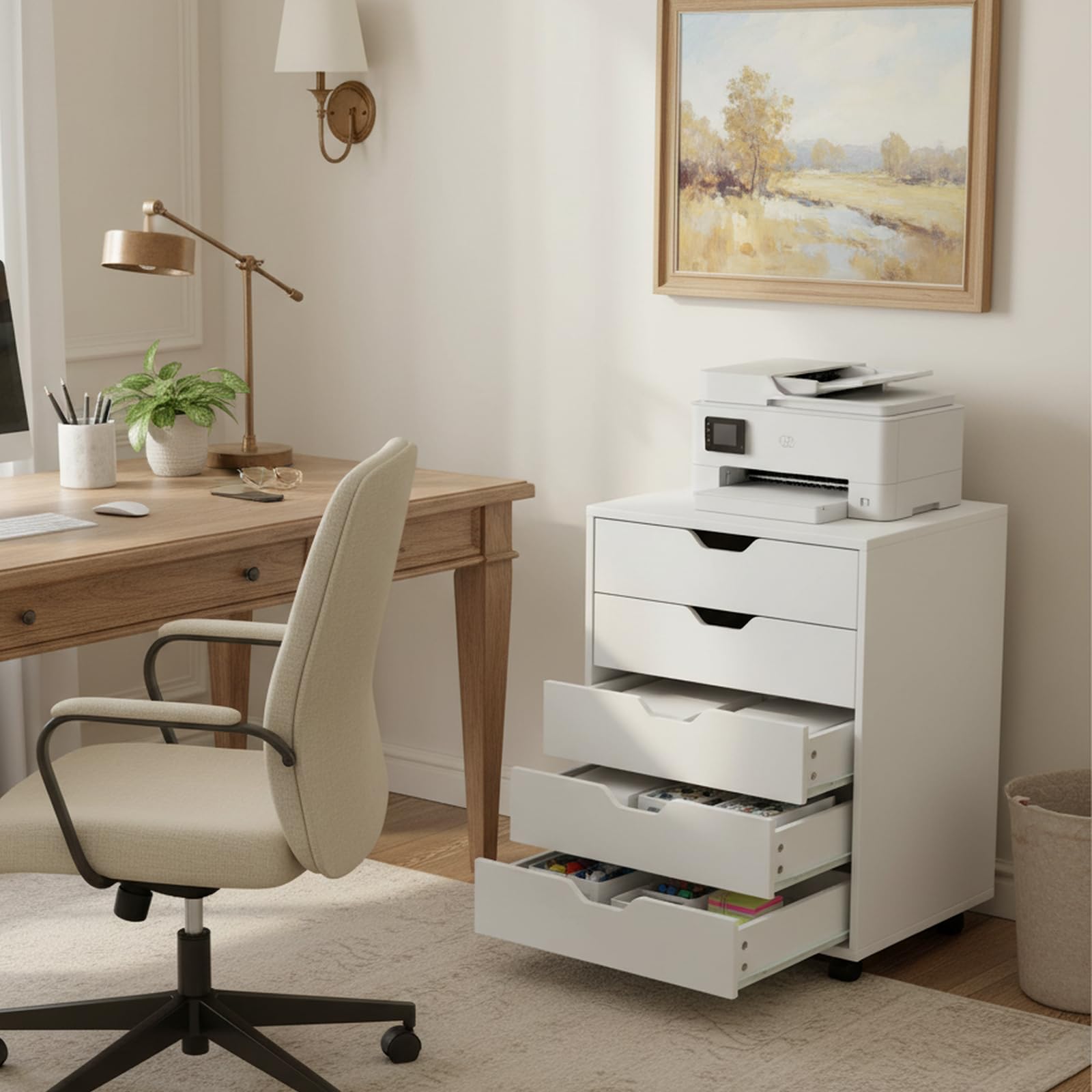 Cajonera Oficina, Cajonera Escritorio con 5 Cajones, Multiusos Armario Archivador Móvil con 4 Ruedas para Bajo Escritorio Casa, Soporte para Impresora, 65cm Alto, Blanco