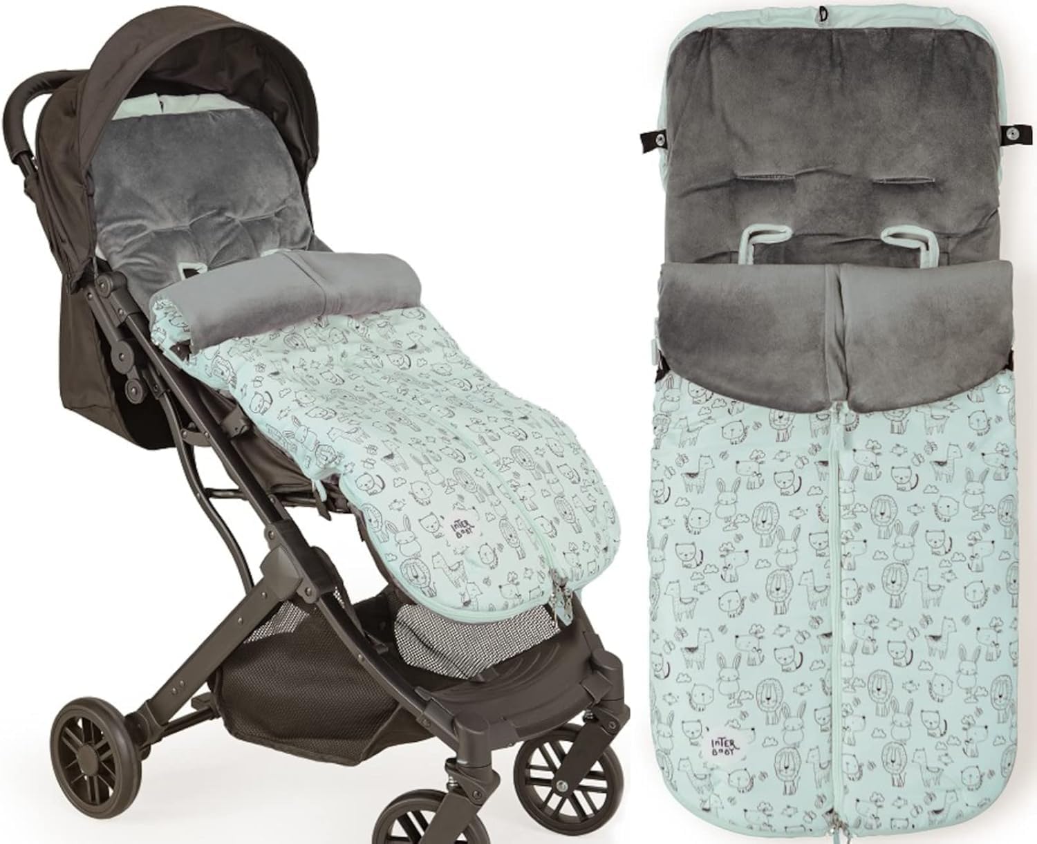 Danielstore Saco Universal de Paseo Polar de Invierno para Silla de Bebés, Desmontable con Cremallera, Cabezal Ajustable, Transpirable e Impermeable(1.0.0 Animales Verde)