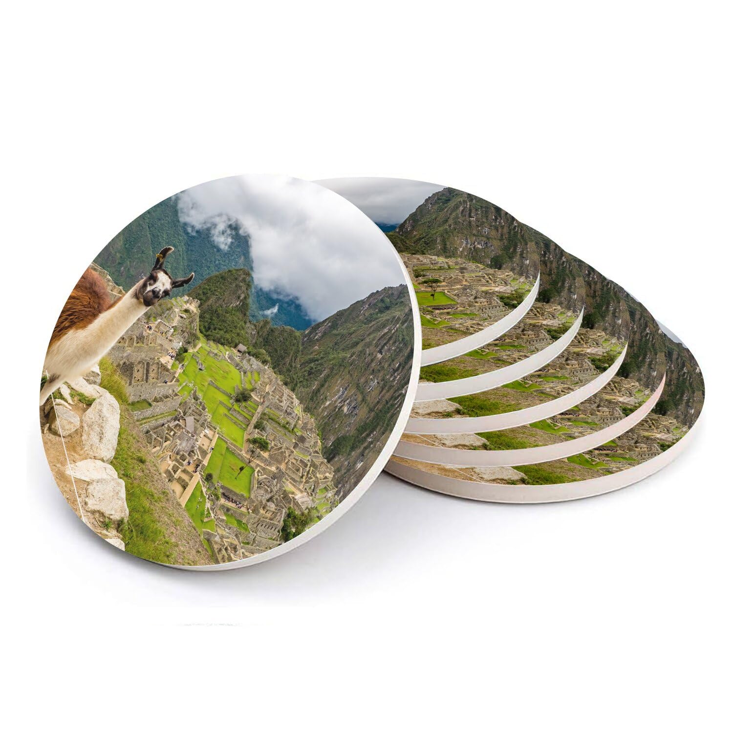 Sous-verre ronds en céramique Machu Picchu avec lama du Pérou | Lot de 6 dessous de verre incas