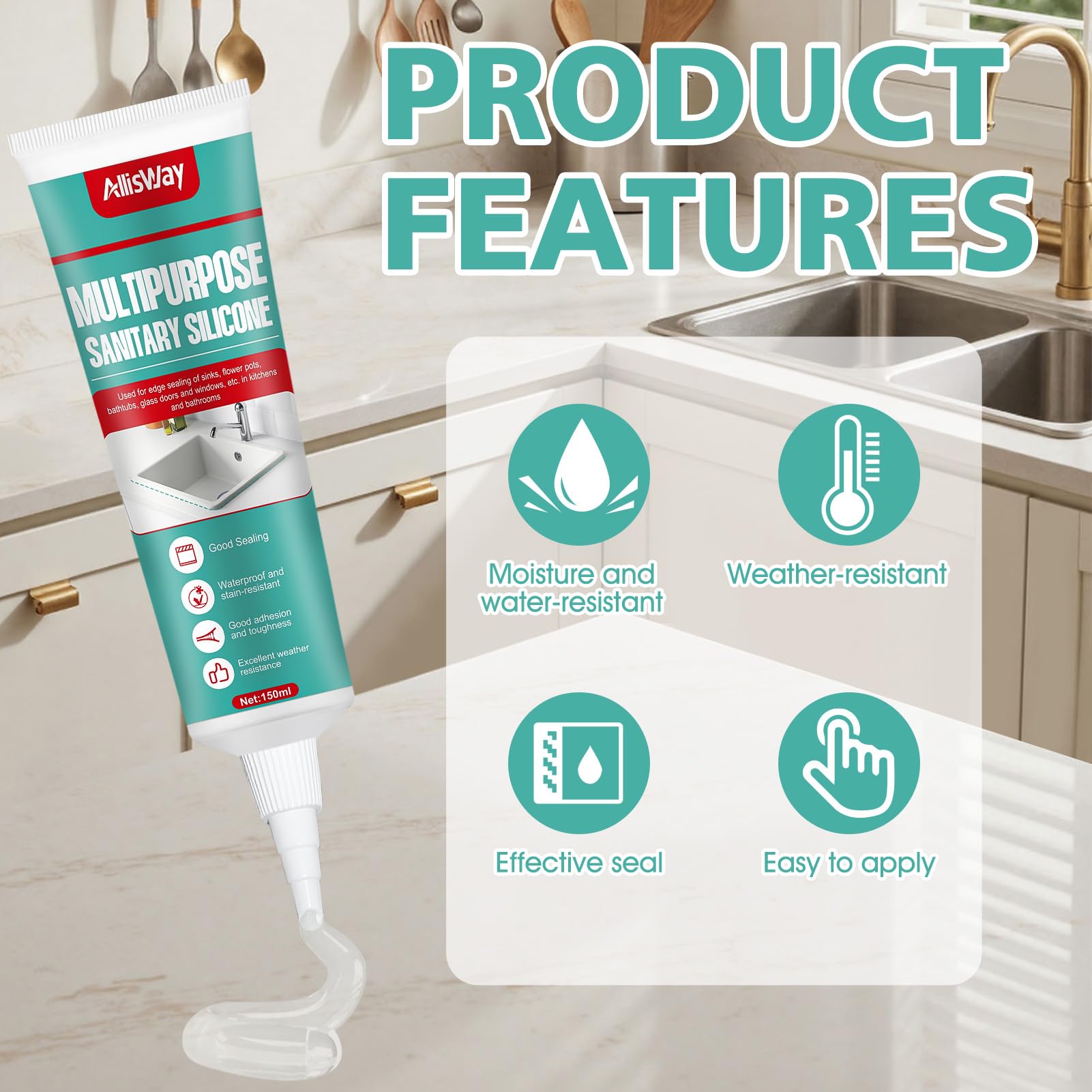 150ml Silicone Trasparente Sigillante, Silicone Bagno,Sigillante Impermeabile, Adatto per Lavelli da Cucina, Bagni, WC e Bordi Piscina, Trasparente