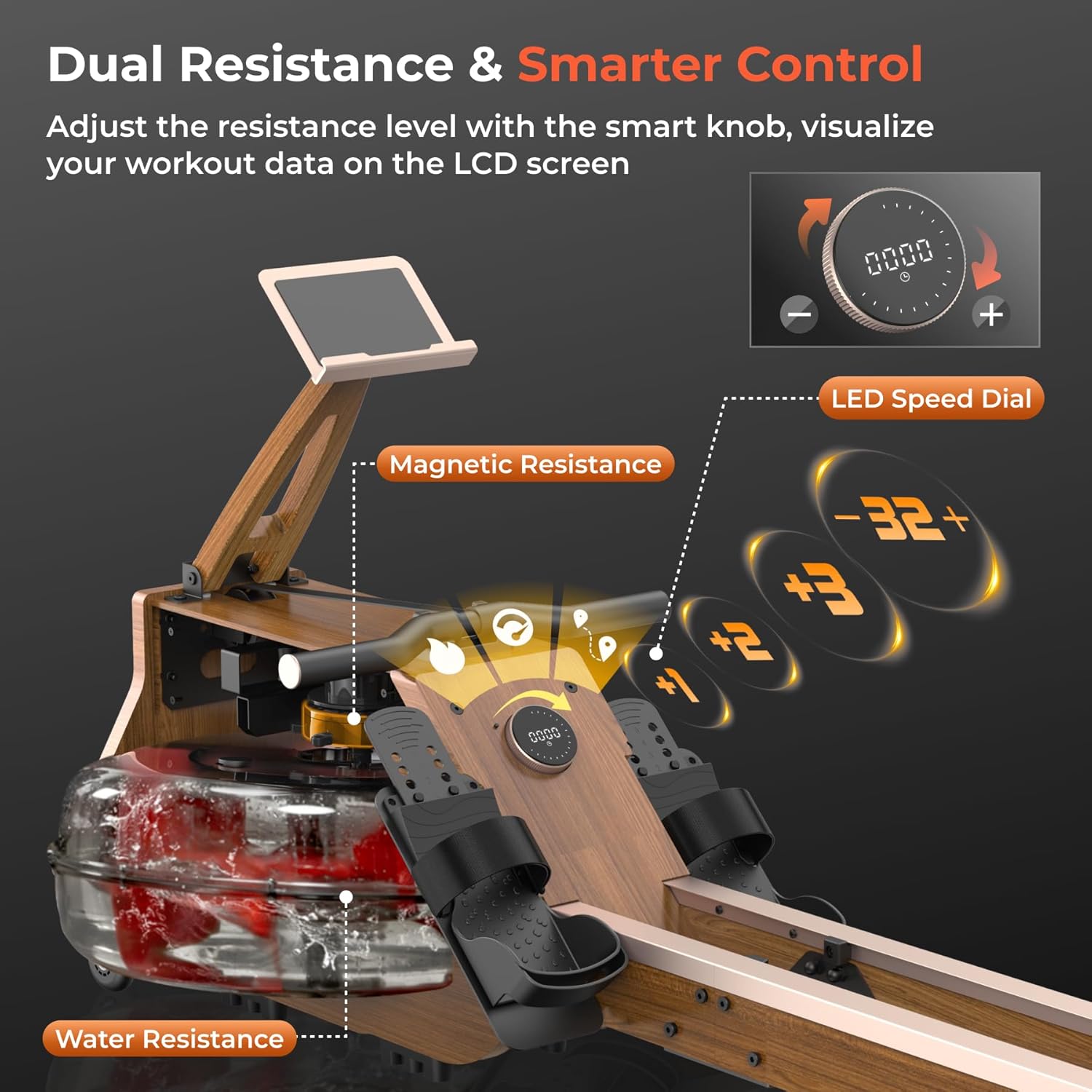 Water Rowing Machine for Home Use, WENOKER Wooden Foldable Rower Machine with Dedicated Monitor & Bluetooth APP, Large Water Tank & Comfortable Seat for Immersive Water Rower, 350LBS Weight Capacity