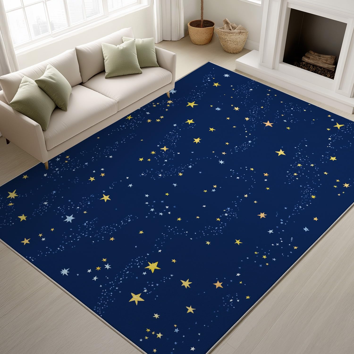 Genérico Alfombras de Pelo Corto 80 x 150 cm, Libro ilustrado Infantil Alfombras mullidas Estrellitas Sereno, Alfombra Niños Cielo Nocturno, Azul Amarillo