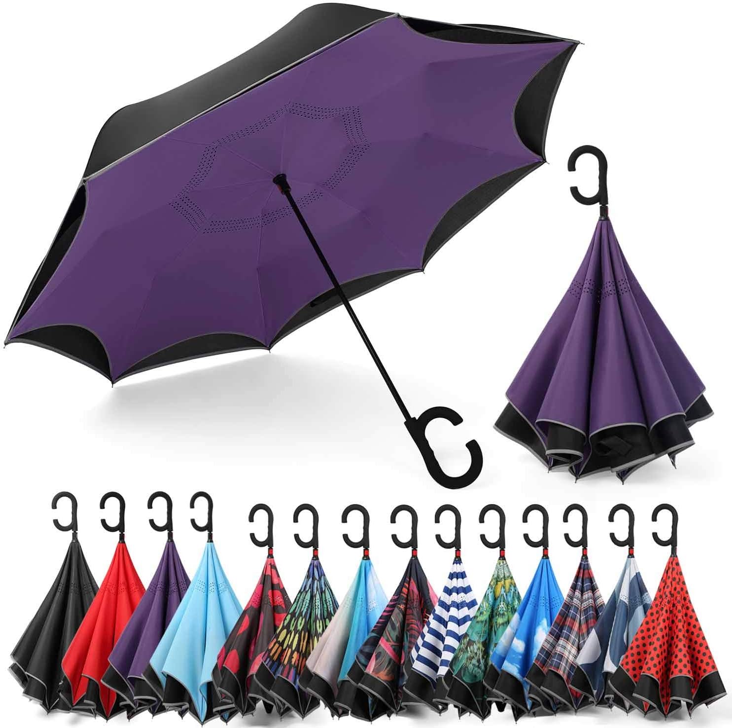 SIEPASA Auto-open Reverse Umbrella, Umbrella Windproof, Inverted Umbrella, Umbrellas for Women with UV Protection, Upside Down Umbrella with Safe Reflective Stripe(Purple)