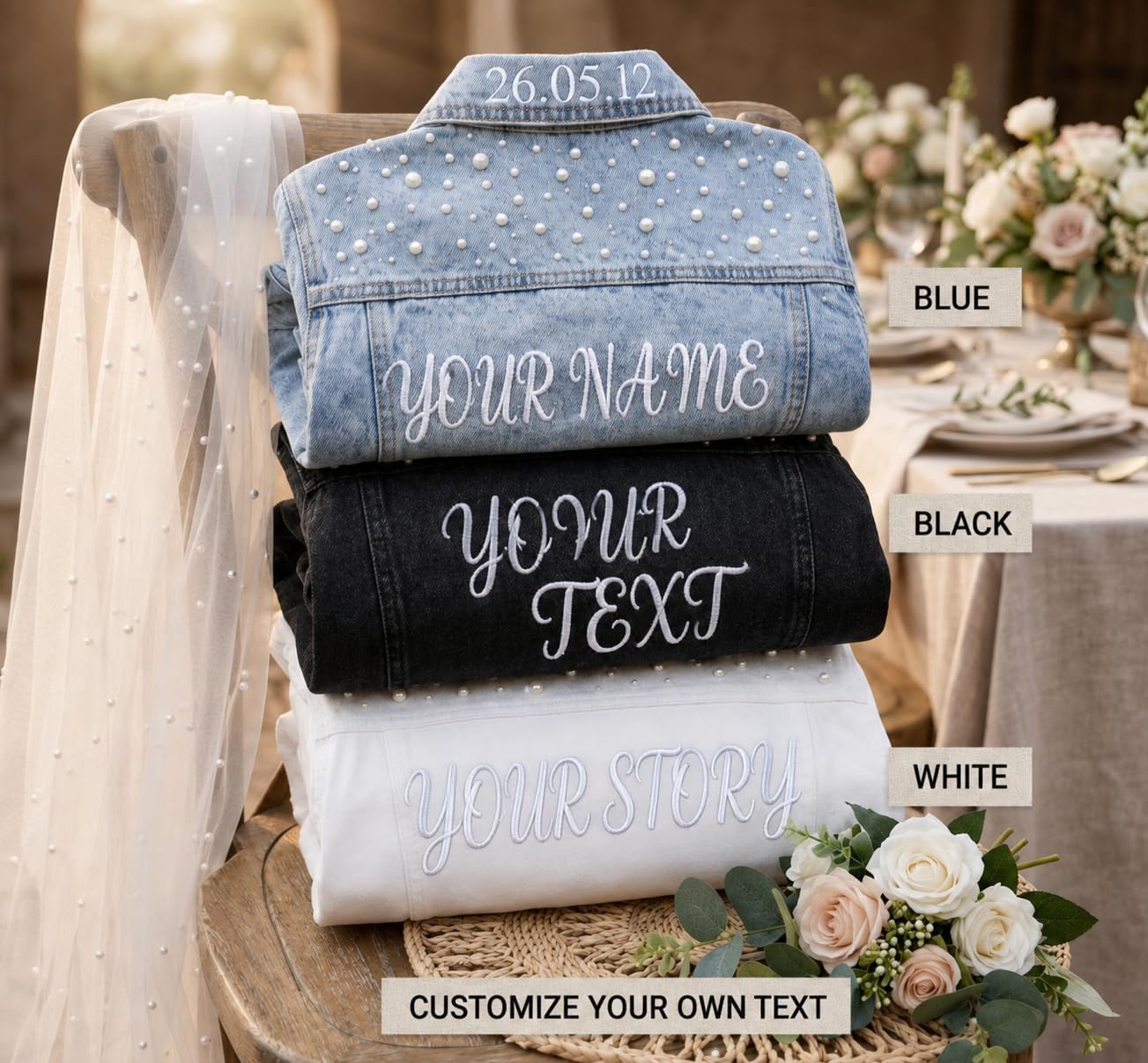 Kedera Women Oversized Denim Jacket Embroidered Pearls Beading Jeans Coat image 5