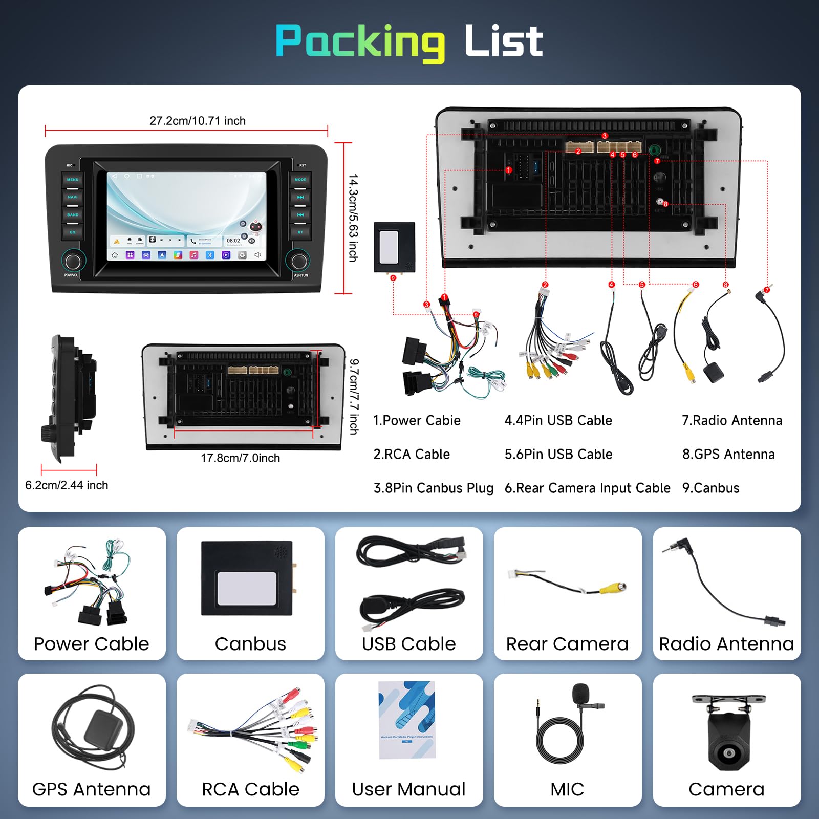 Hodozzy 2G+64G Radio para Mercedes-Benz Clase ML GL W164 X164 ML300 320 350 450 500/ GL420 con Carplay Android Auto Inalambrica, Radio Coche 2 DIN 7 Pulgadas Pantalla Táctil GPS Bluetooth WiFi Cámara