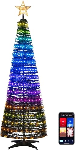 Goplus Árbol de Navidad desplegable de 6 pies, árbol de Navidad plegable preiluminado con 282 luces LED RGB, 12 modos de luz, control de aplicación