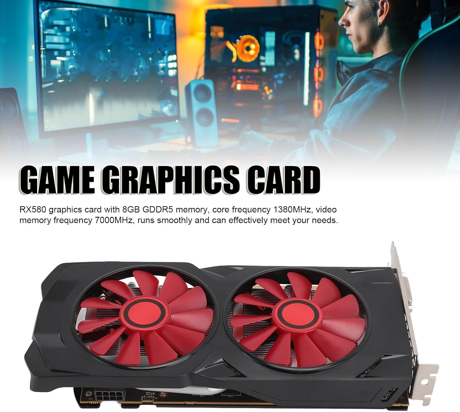 Game Graphics Card, RX580 8GB GDDR5 256bit Quiet Dual Cooling Fan PCIe Gaming Graphics Card, with PCI Express 2.0 16X Slot, PCB Material, for Desktop PC - Image 3
