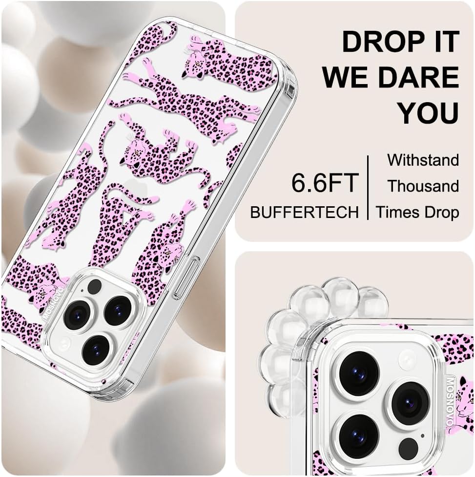 MOSNOVO Case for iPhone 14 Pro Max, [Buffertech 6.6ft Military-Grade Drop Protection] [Anti Peel Off Tech] Clear TPU Bumper Phone Case Cover Design - Pink Leopard