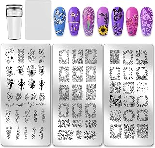 PH PandaHall 3pcs Angel Fairy Nail Stamping Plate Flower Border Nails Art Templates Butterfly Rose Plants Manicure Art Stencils Moon Star Nail Image Plates for Women Manicures Salon Print Design