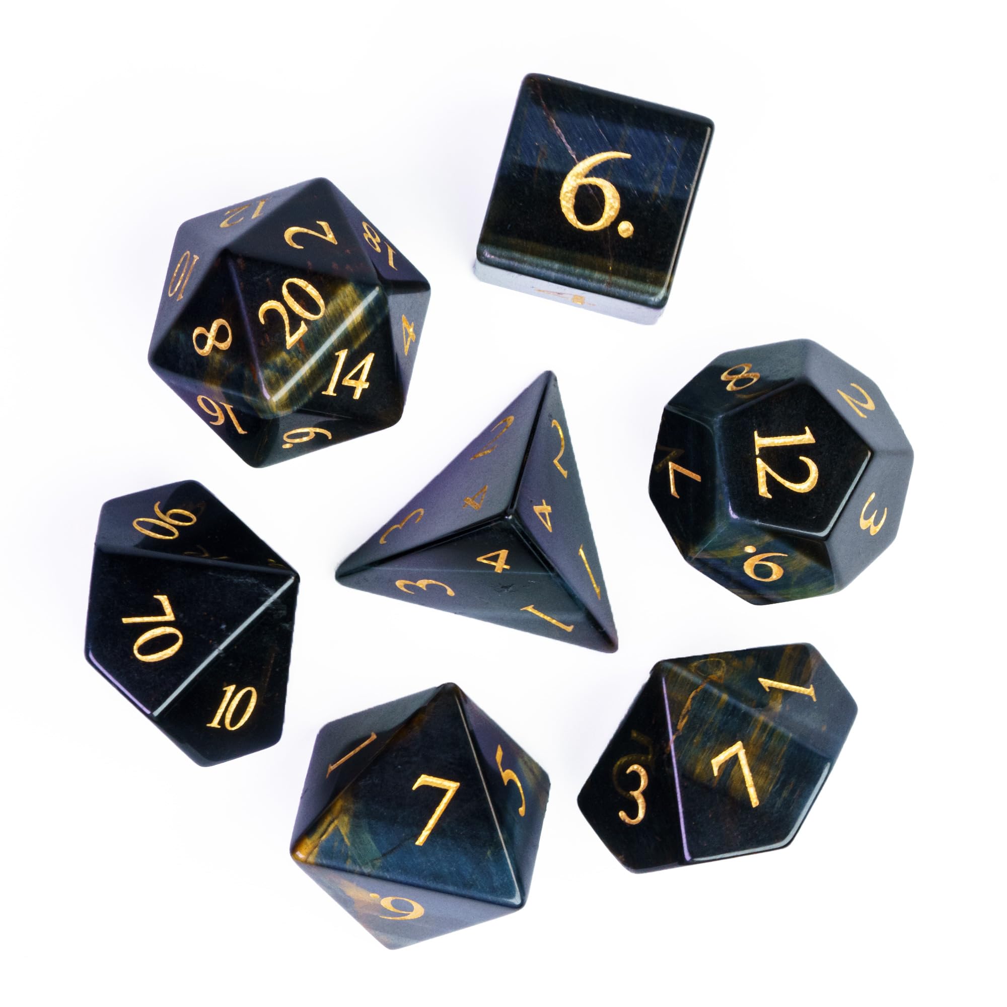 UDIXI 7PCS Stone DND Dice Set, Natural Gemstone Dice Set with Leather Gift Box for D&D Role Playing Games and Tabletop Games(Blue Tigereye)