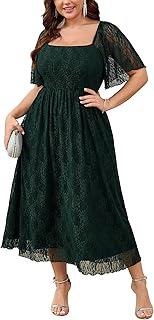 SCOMCHIC Women's Plus Size Wedding Guest Dress Formal Lace Square Neck Short Sleeve Smocked Flowy Cocktail Maxi Dresses