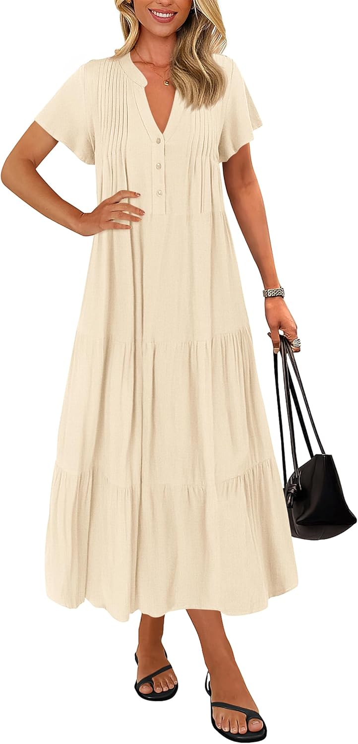 KIRUNDO Womens Summer Dresses 2025 Spring Fashion Short Sleeve Button V Neck Pleated Loose Tiered Swing Flowy Maxi Dress