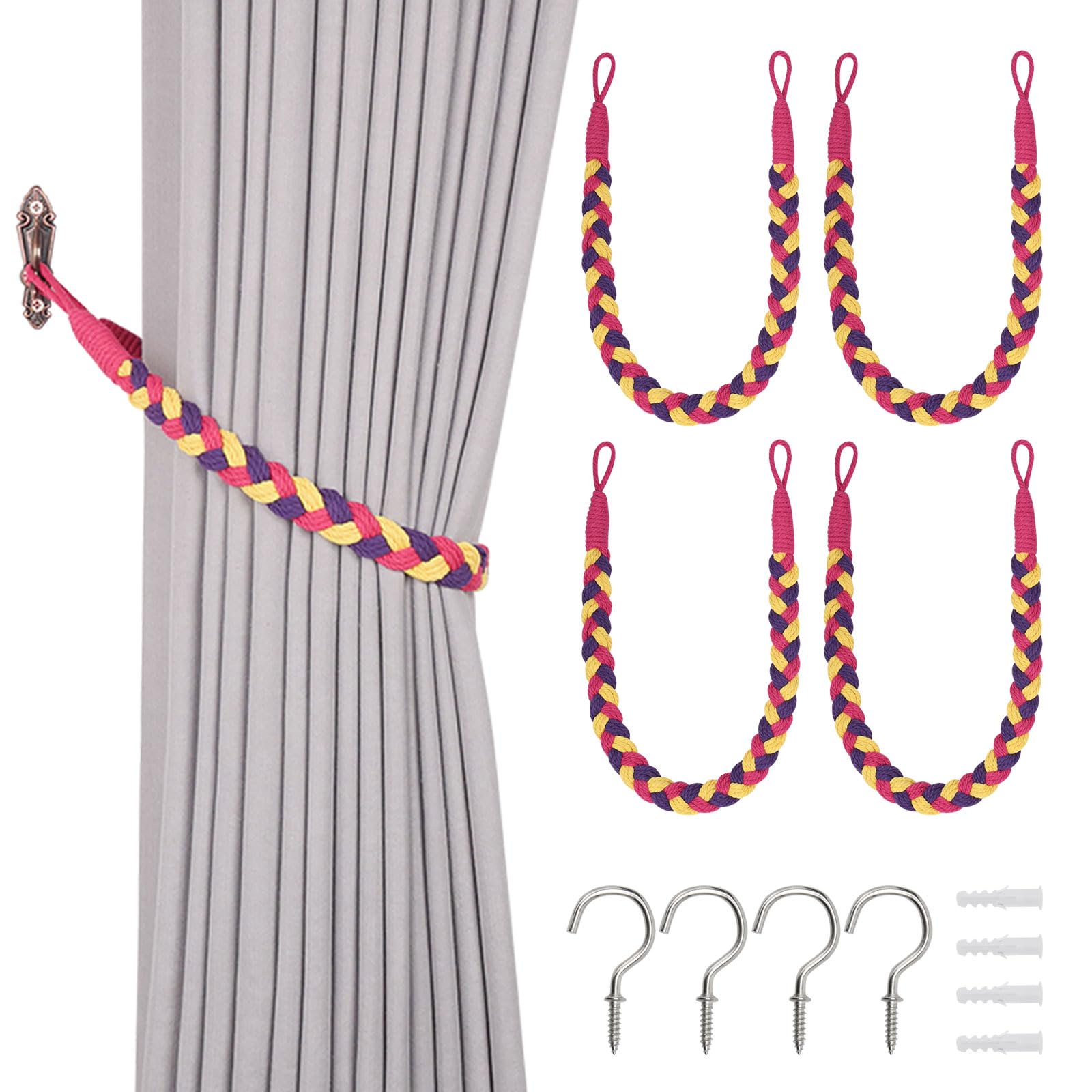 Pretty Jolly 4 Pack Natural Cotton Rope Curtain Tiebacks Elegant Boho Style Decorative Drape Tie Backs Soft Hand-Woven Rope Curtain Holdbacks with Metal Hook for Home & Office Drapery (Tropical)