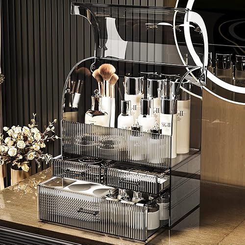 Miniatura 4 de MOOCHI Patrón de rayas negras translúcidas organizador de maquillaje cosmético grande profesional a prueba de polvo a prueba de agua cosméticos