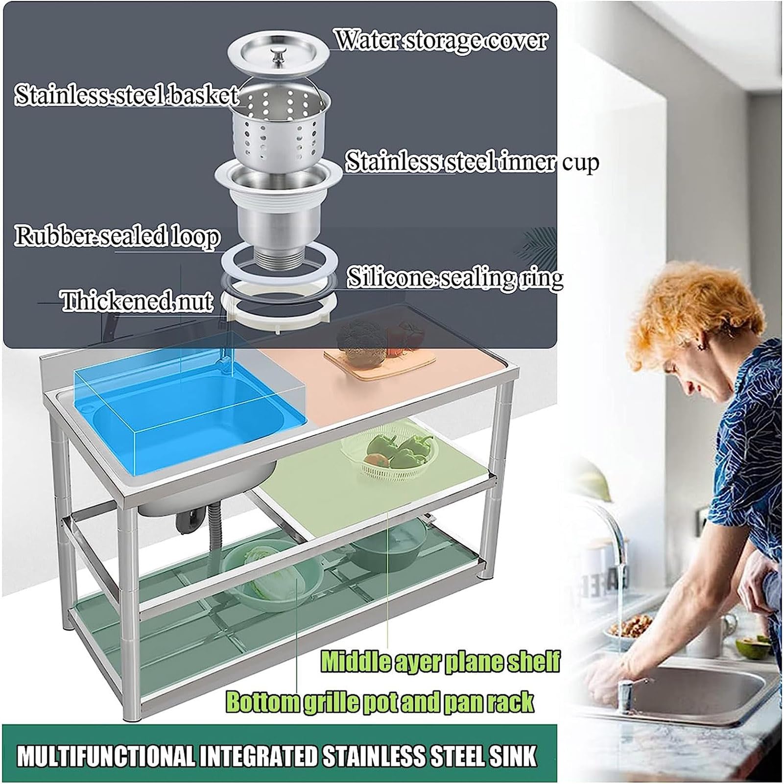 SDdPulse Fregadero utilitario de acero inoxidable con escurridor y grifo, grado comercial, estación de cuenco individual para bar, restaurante, cocina, hotel y hogar, fregadero de 1 compartimento