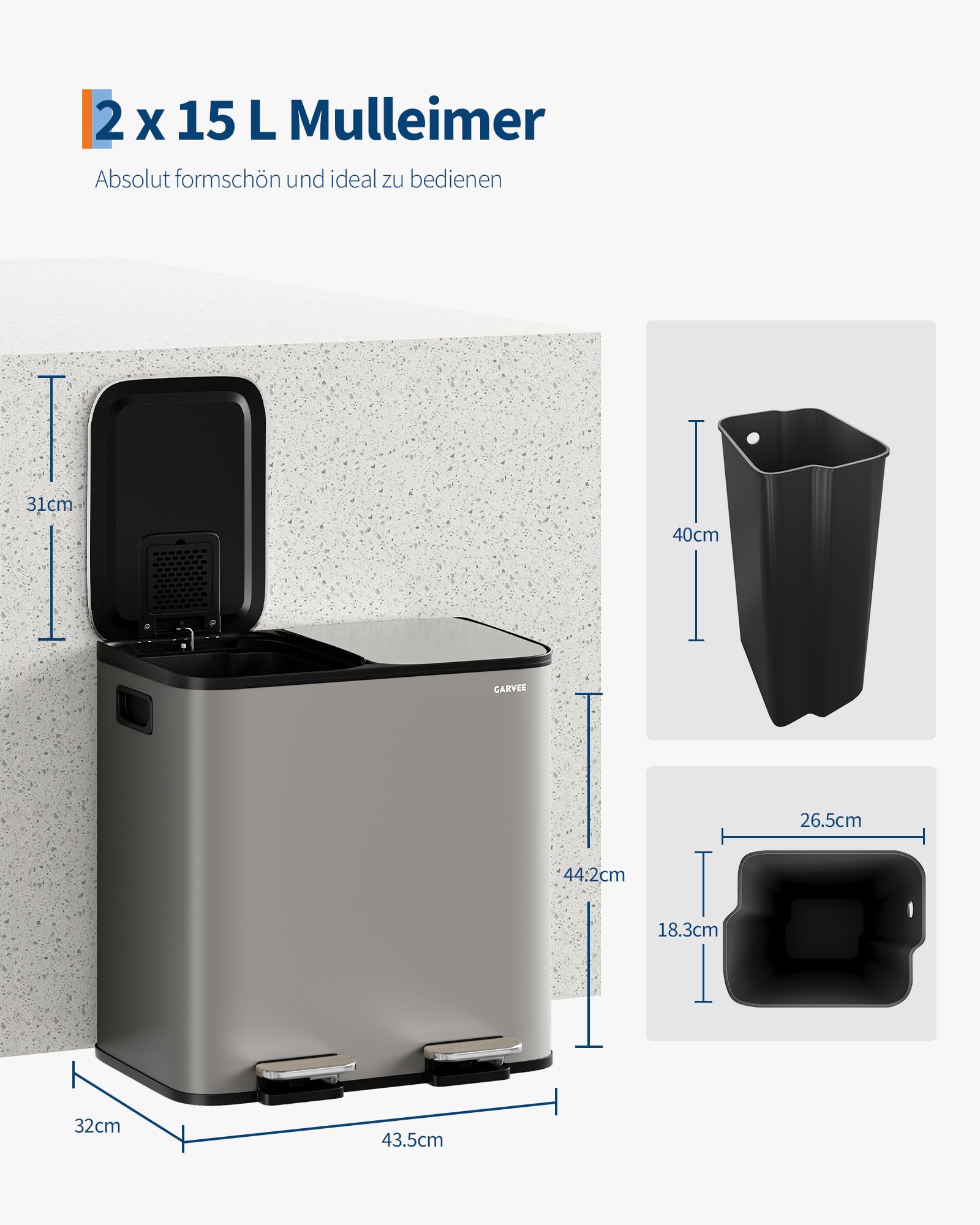 GarveeHome Mülleimer Küche, Mülleimer 2 fächer, Mülltrennsystem 2 x 15 Liter, Tretmülleimer mit Edelstahldeckel, Softclose-Deckel mit Inneneimer für Recycling und Restmüll, Grau