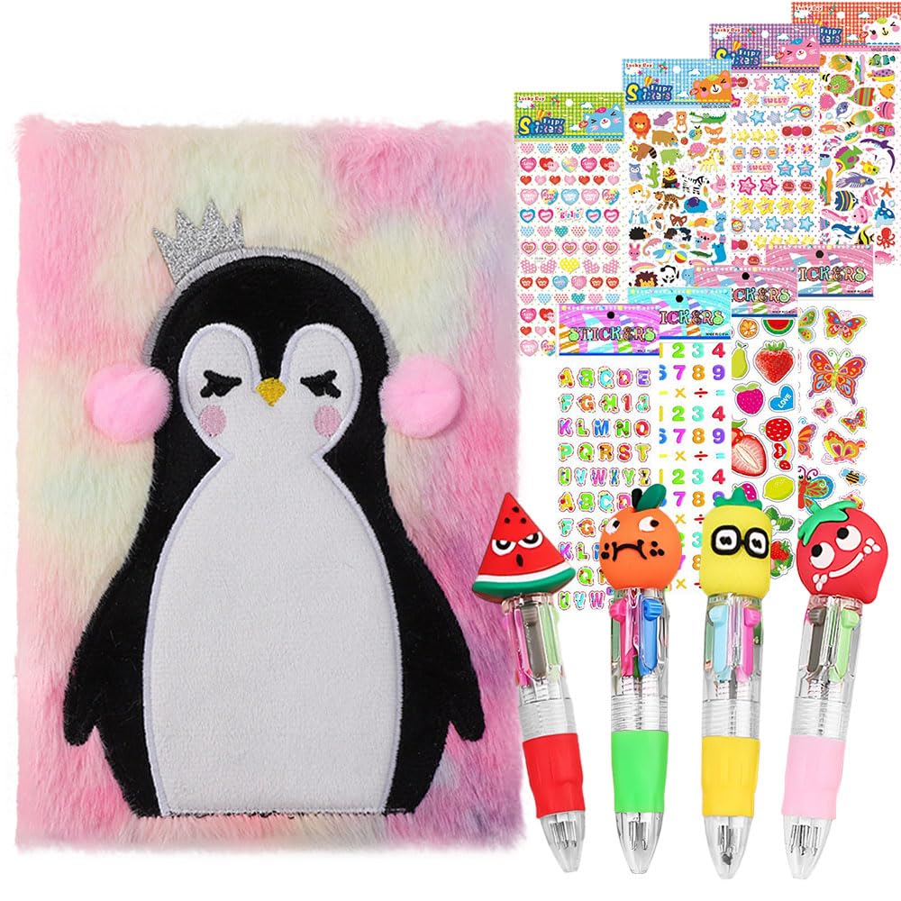 Belegao Fluffy Secret Diary Set, Plush Notebook A5 Design with 4pcs 4-colour Ballpoint Pens 0.7mm Tip and 8 Themed 3D Puffy Stickers for Children Birtday Gifts Party Bag Fillers