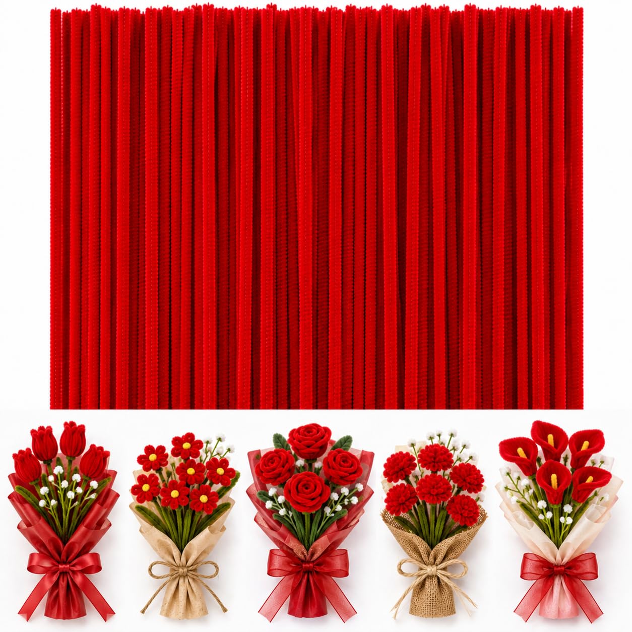 100 Pcs (Red Colour)Pipe Cleaners for DIY Craft Flowers Bouquet Fuzzy Chenille Stems & Fluffy Sticks for Arts & Crafts Creative School Projects, Kids Craft Supplies Home Party Decor Floral Decorations-picture-46