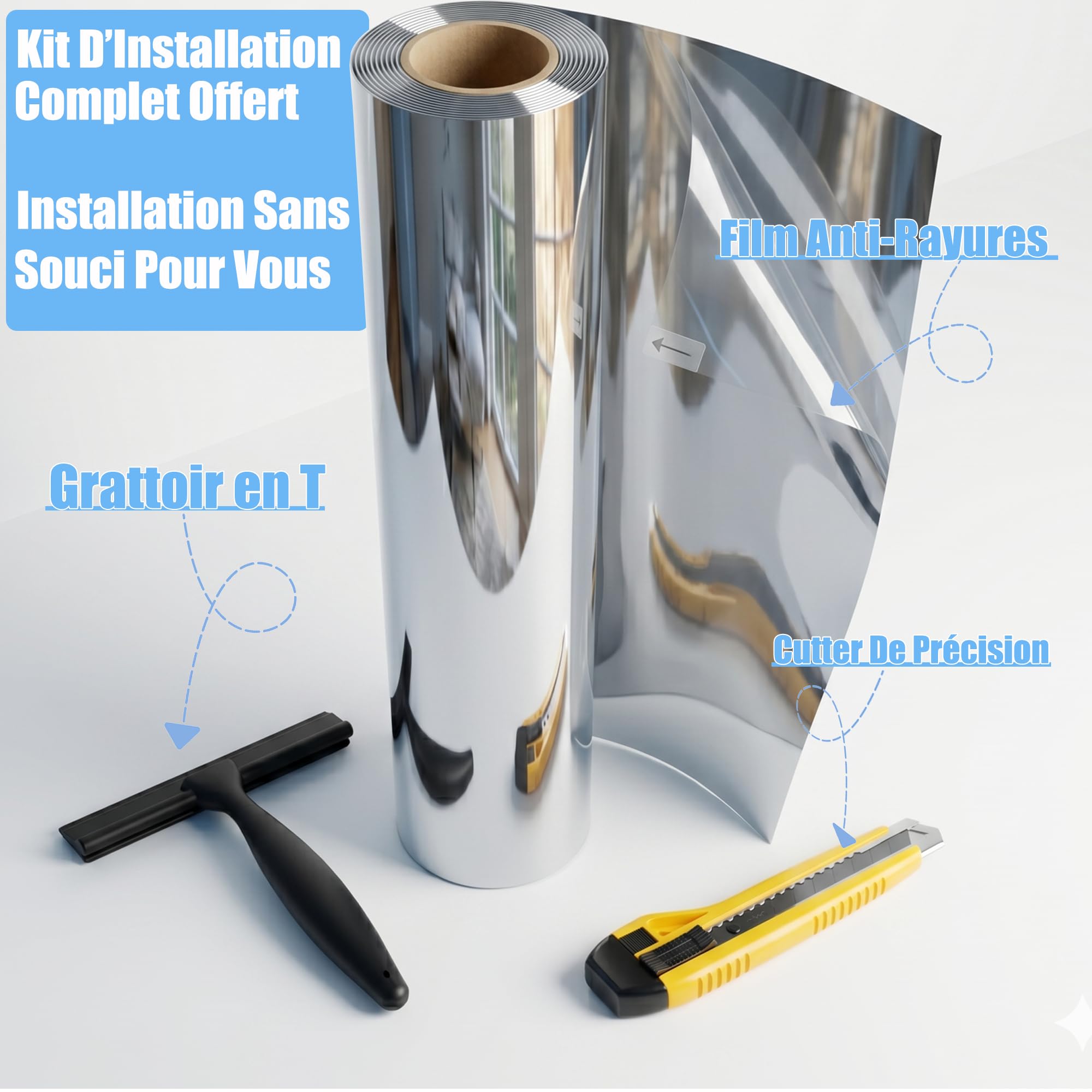 Film Miroir Fenêtre sans- Anti Chaleur & Anti UV - Film Solaire Électrostatique avec Kit de Pose Complet