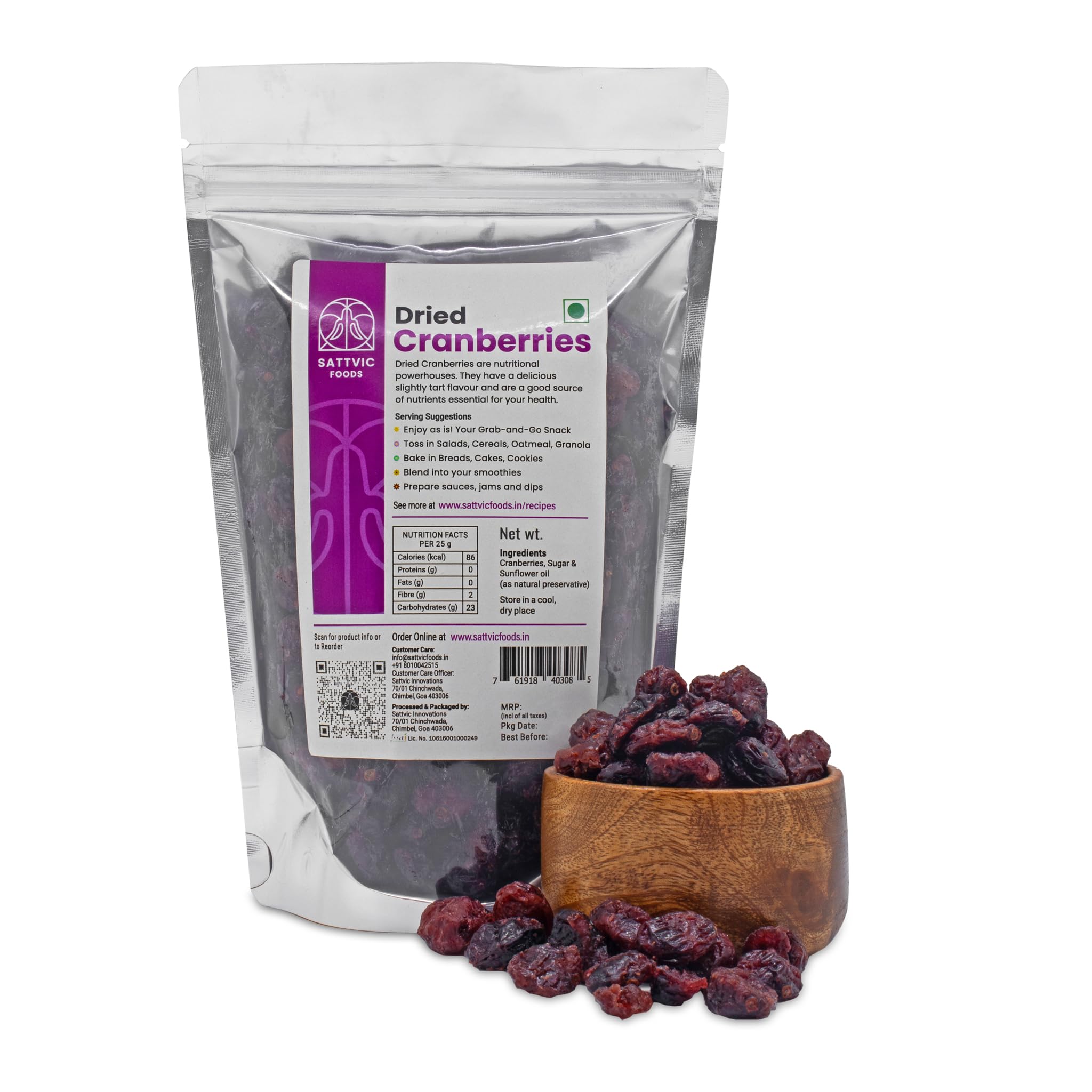 Sattvic Foods Whole Dried Cranberries (100 g) | High in Antioxidants & Fibre, Immunity Booster | Enjoy Plain, Use in Desserts, Sauces, Granolas and Baked Goodies