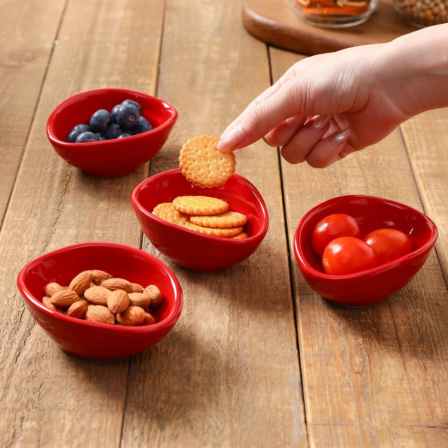 vicrays Ceramic Dipping Sauce Bowls – Small Charcuterie Dip Cups Cooking Prep Condiment Oil Dish Mini Tapas Plates for Soy Sushi Salsas Wasabi Appetizer Dessert - Set of 6 Red