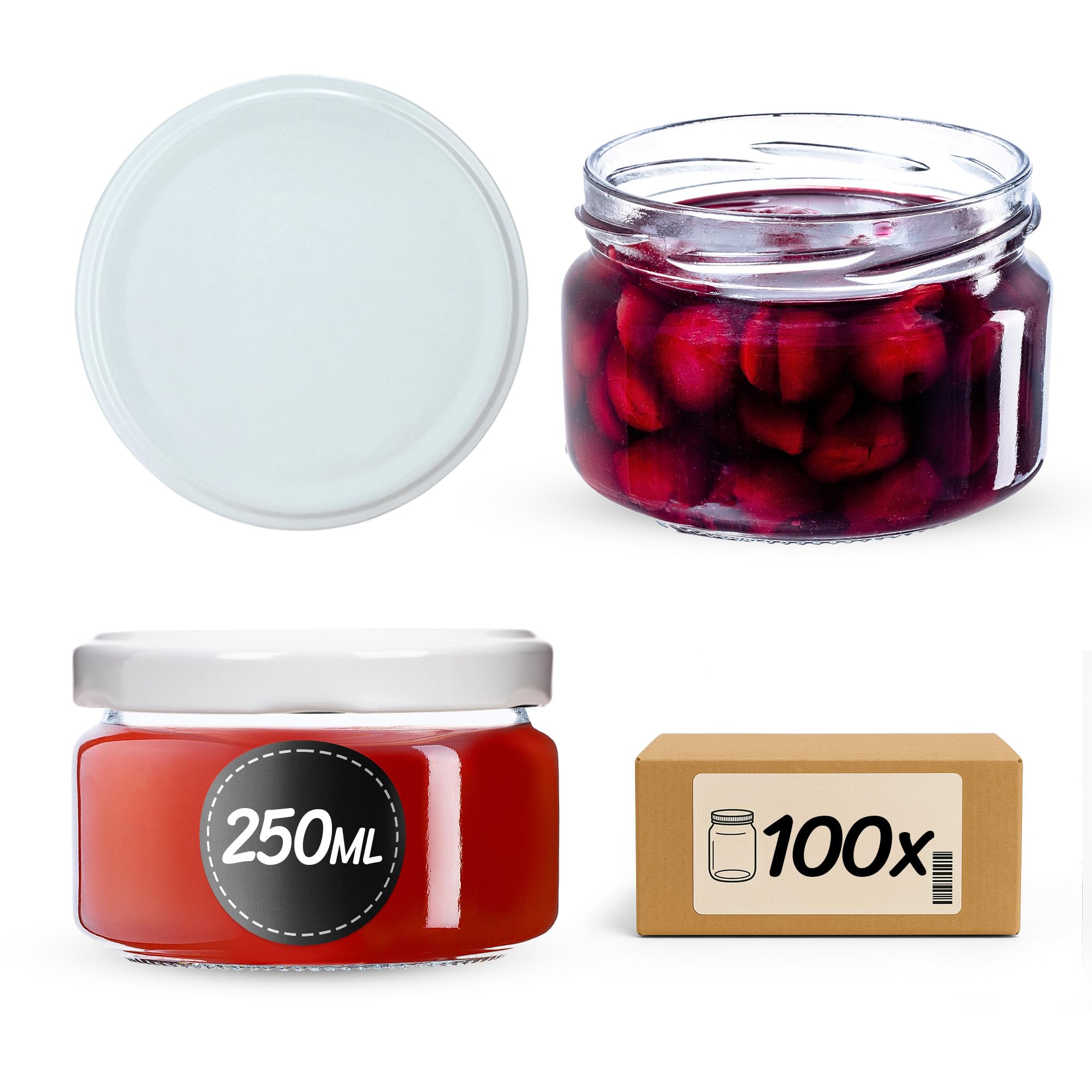 KADAX Małe słoiki na przetwory 250 ml, słoiki na dżem z pokrywką, hermetyczne słoiki na prezent, mini szklanki na miód i przyprawy (100 sztuk, białe)