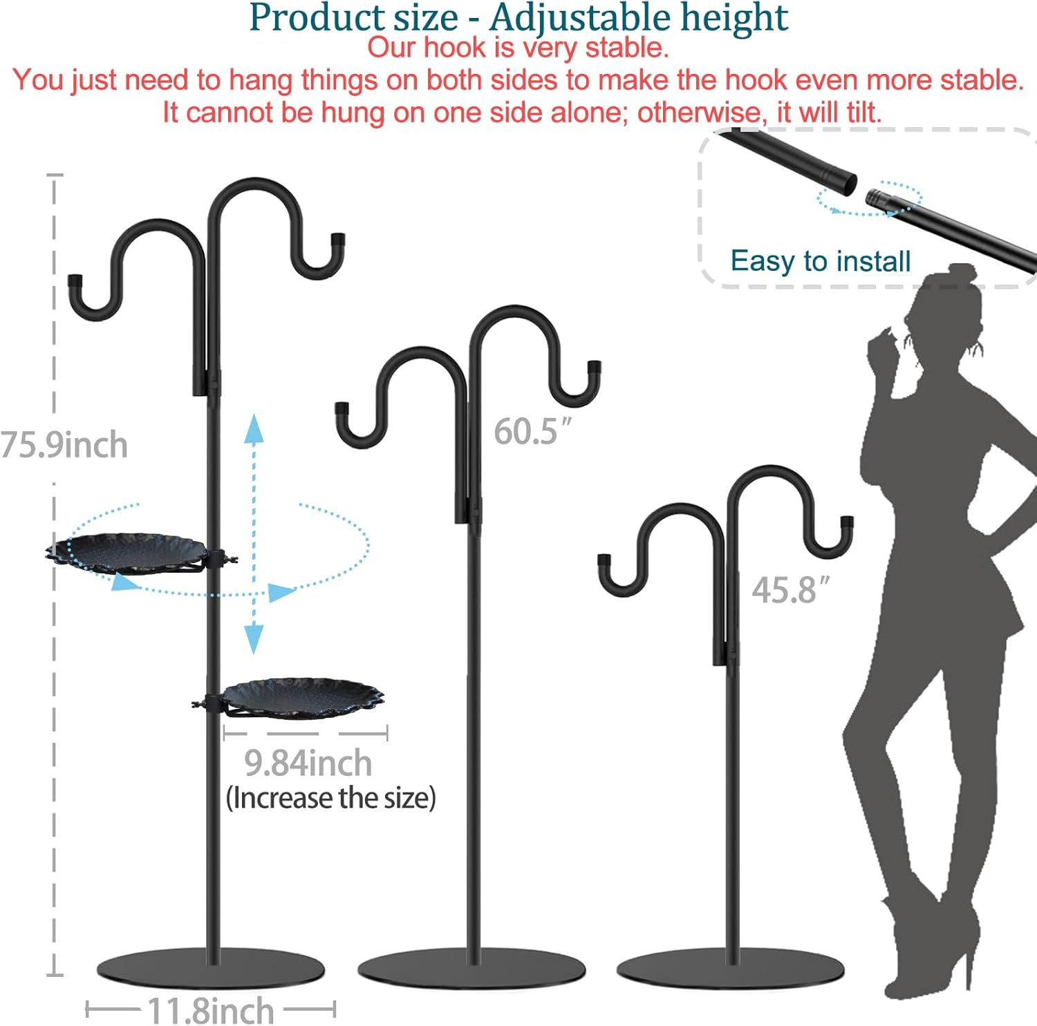 Upgraded 74" Shepherd's Hook Stand plant?Bird Feeder?Wind Chime Hanger Stand, Waterproof Metal & Adjustable-Height Standing Pole Holder for Lantern and Wreath, Indoor & Outdoor?2 Placement Racks)