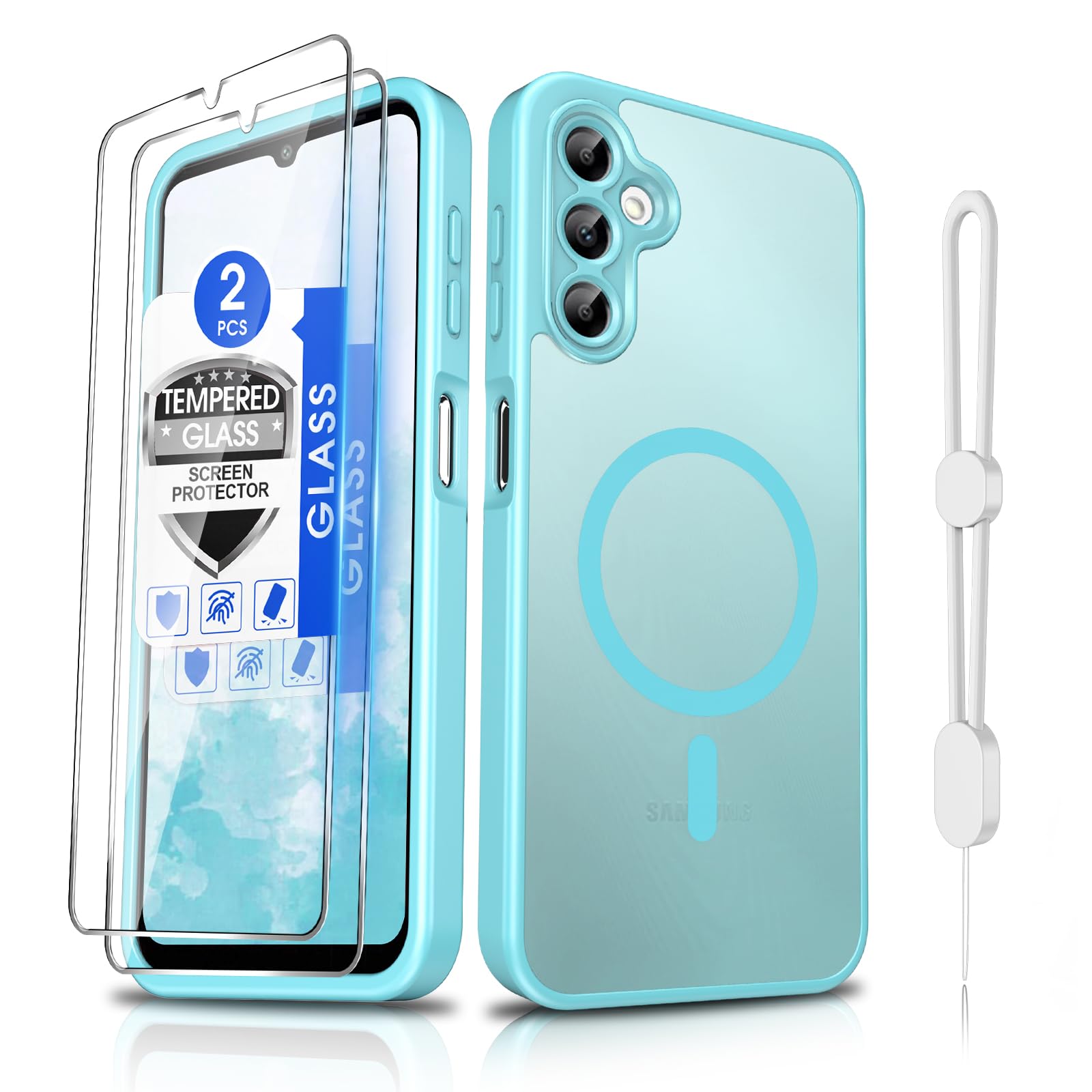 Dizn for Samsung Galaxy A14 Cover: A14 Phone Case with Tempered Glass Screen Protector,Compatible with MagSafe Wireless Charging,Matte Translucent &amp; [Military-Grade] Shockproof Protective A14,Teal